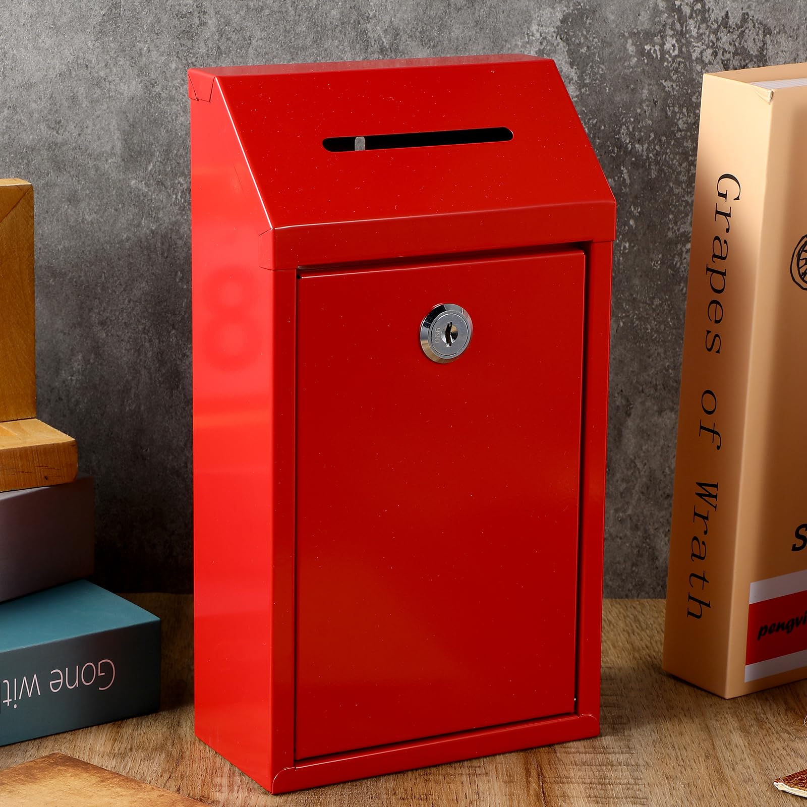 Secure Metal Locking Donation Box with Key - Wall Mounted Suggestion, Mail & Ballot Drop Box for Home, Office & Outdoor Use, 10.24 x 8.66 x 3.15 Inches (Red) - Perfect for Secure Document Collection, Voting & Key Exchange