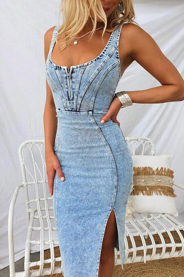 UTCoco Women's Sleeveless Denim Bodycon Midi Dress with Side Slit - Stretchy Jean Dress for Casual Outings, Date Nights & Summer Fashion 2025
