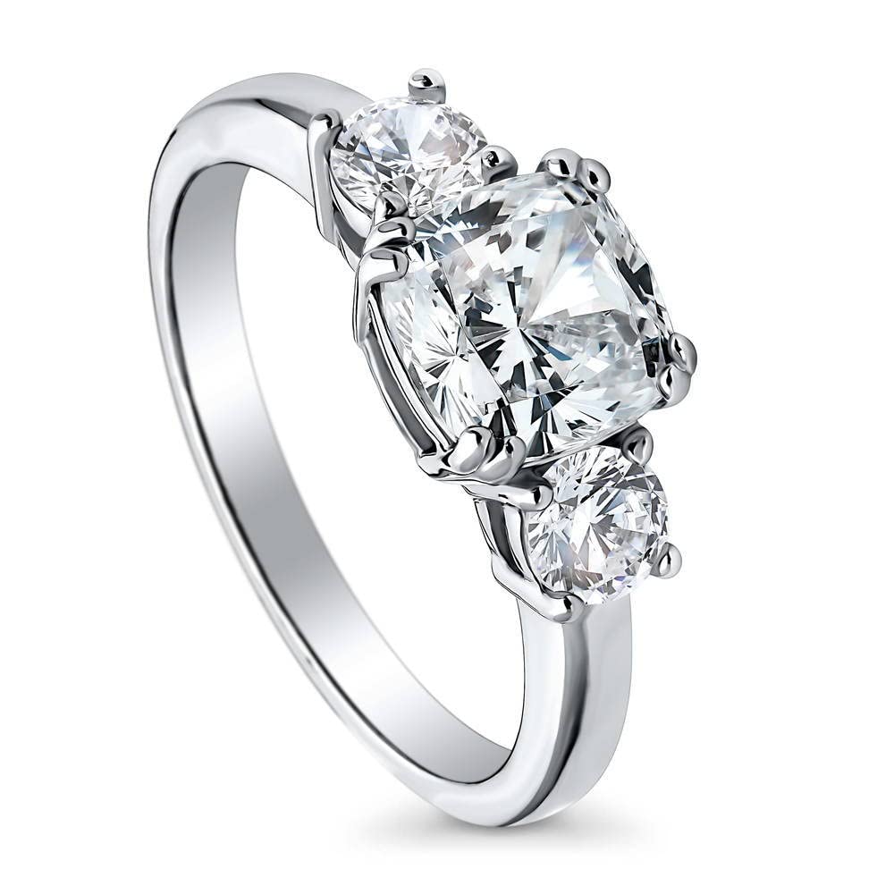 BERRICLE Sterling Silver 3-Stone Wedding Engagement Ring 2 Carat Cushion Cut Cubic Zirconia CZ Promise Ring for Women, Rhodium Plated Size 4-10 - Perfect for Proposals, Anniversaries & Special Occasions