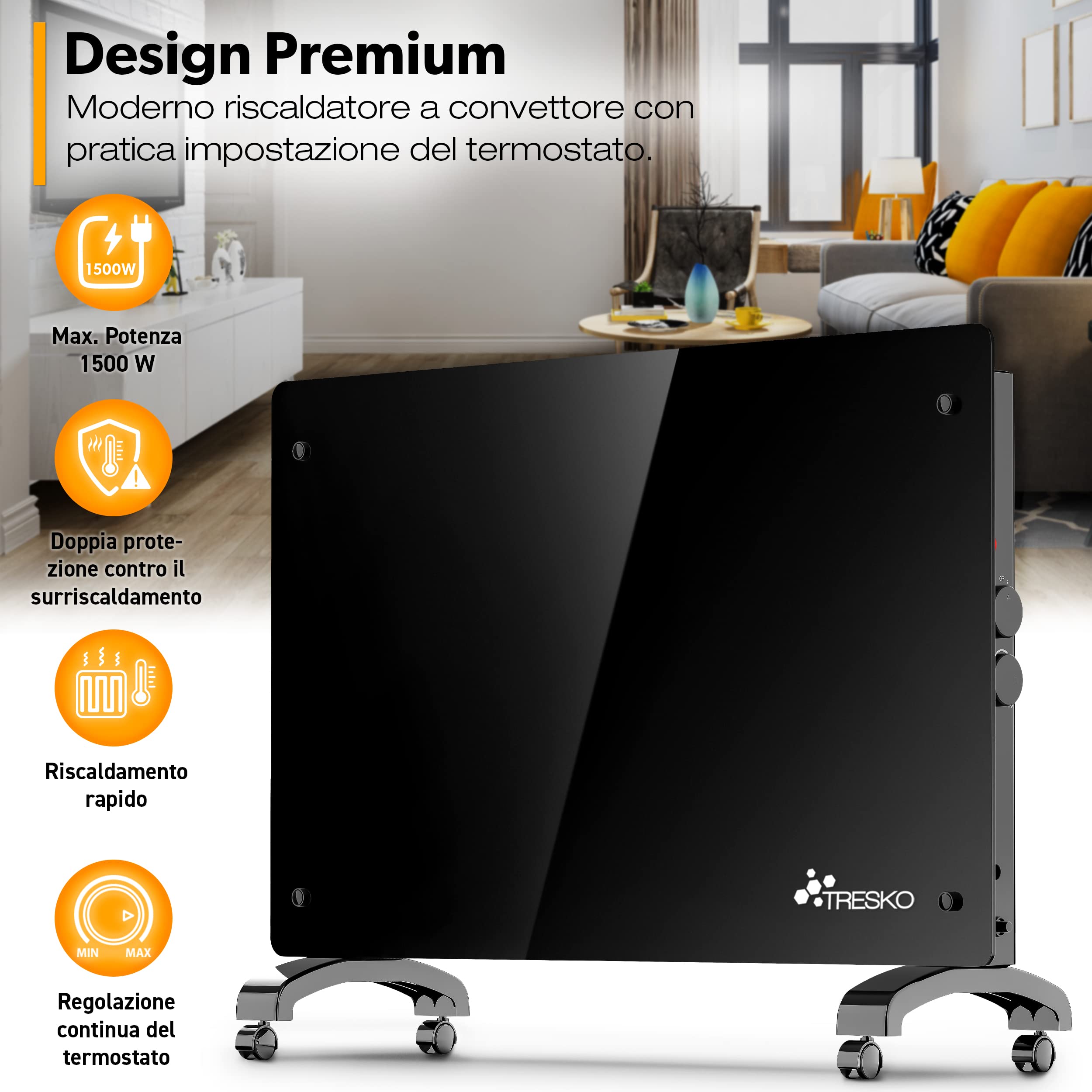 TRESKO 1500W Energy Efficient Electric Stove Heater - Portable Space Heater with Wheels, Wall Mountable Convector & Thermostat - Perfect for Bedroom, Office, and Home Use