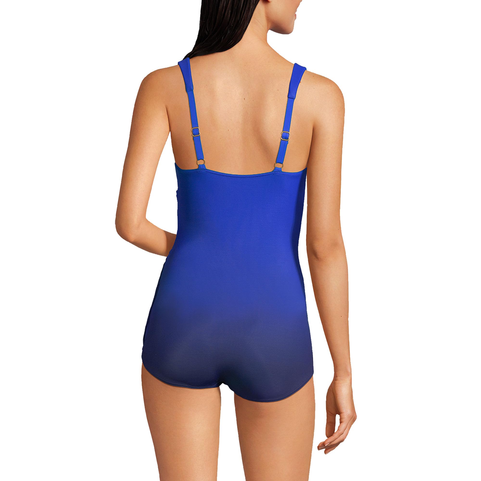 Lands' End Women's Slender Suit V-Neck Tunic One Piece Swimsuit - Electric Blue/Navy Ombre D-Cup Size 10 | Flattering Swimwear for Beach, Pool & Vacation
