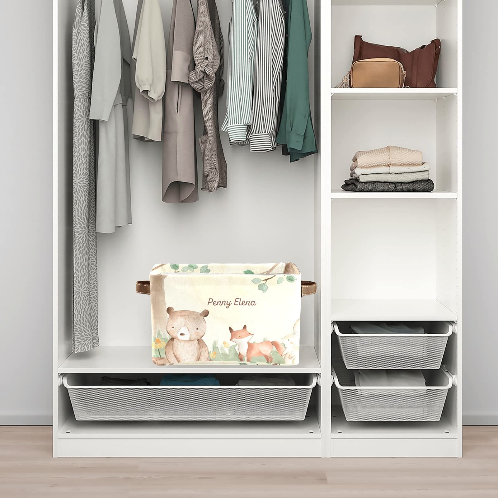 Personalized Animal Storage Bins - Forest Bear Fox Rabbit Squirrel Design, Durable Handle Cube Organizer for Shelves, Wardrobe & Nursery Toys (1 Pack) | Perfect for Kids' Room Organization & Toy Storage