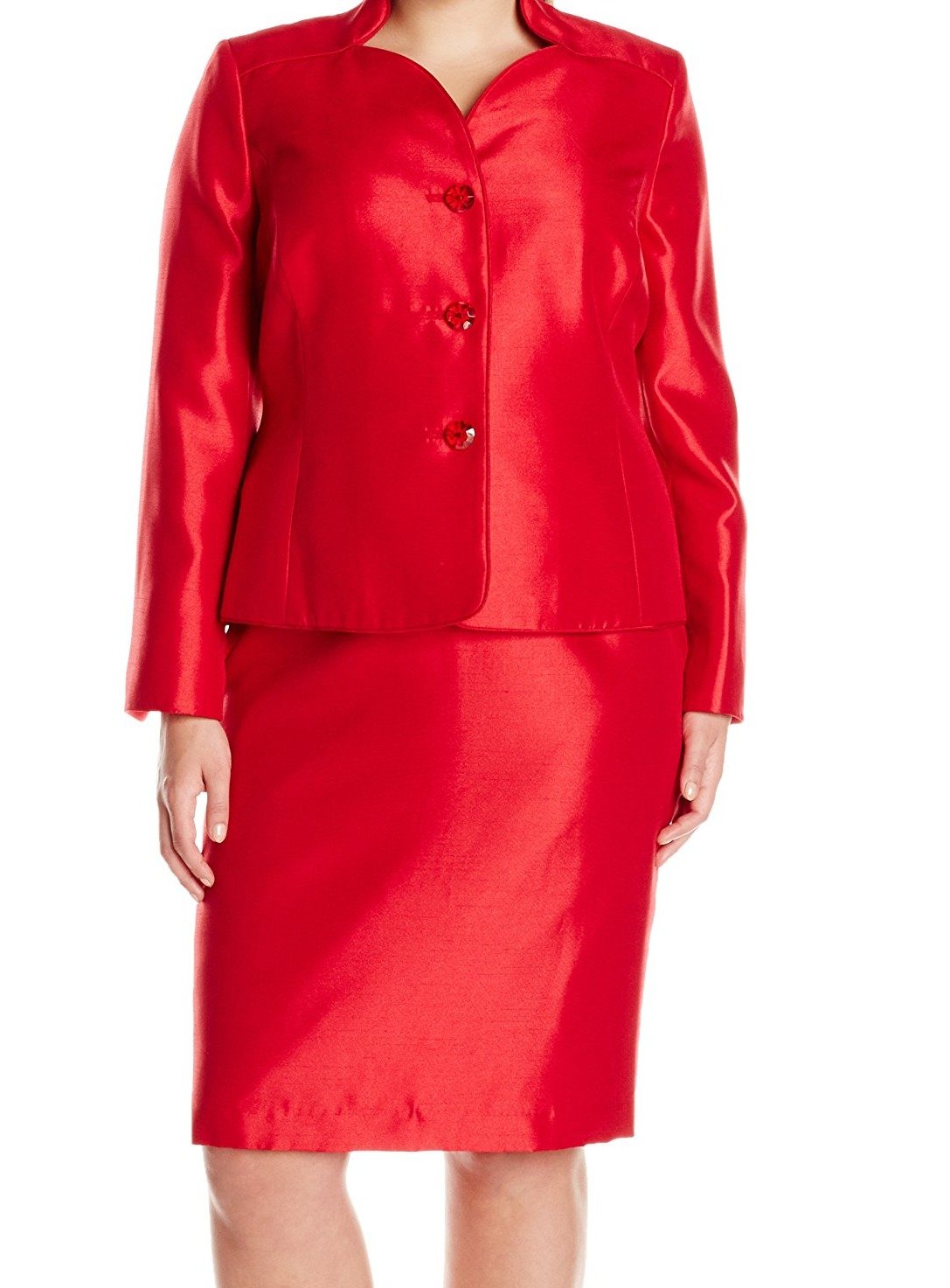 Women's Plus Size 3 Button Collarless Shiny Blazer Jacket & Skirt Set - Elegant Office Wear, Business Formal Outfit for Work & Professional Events