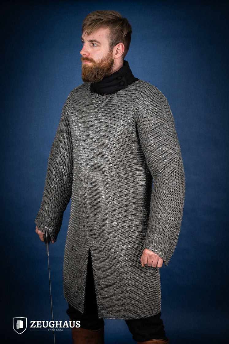 6mm Oiled Steel Flatring Riveted Chainmail Hauberk - Medieval Armor for LARP, Cosplay & Historical Reenactment