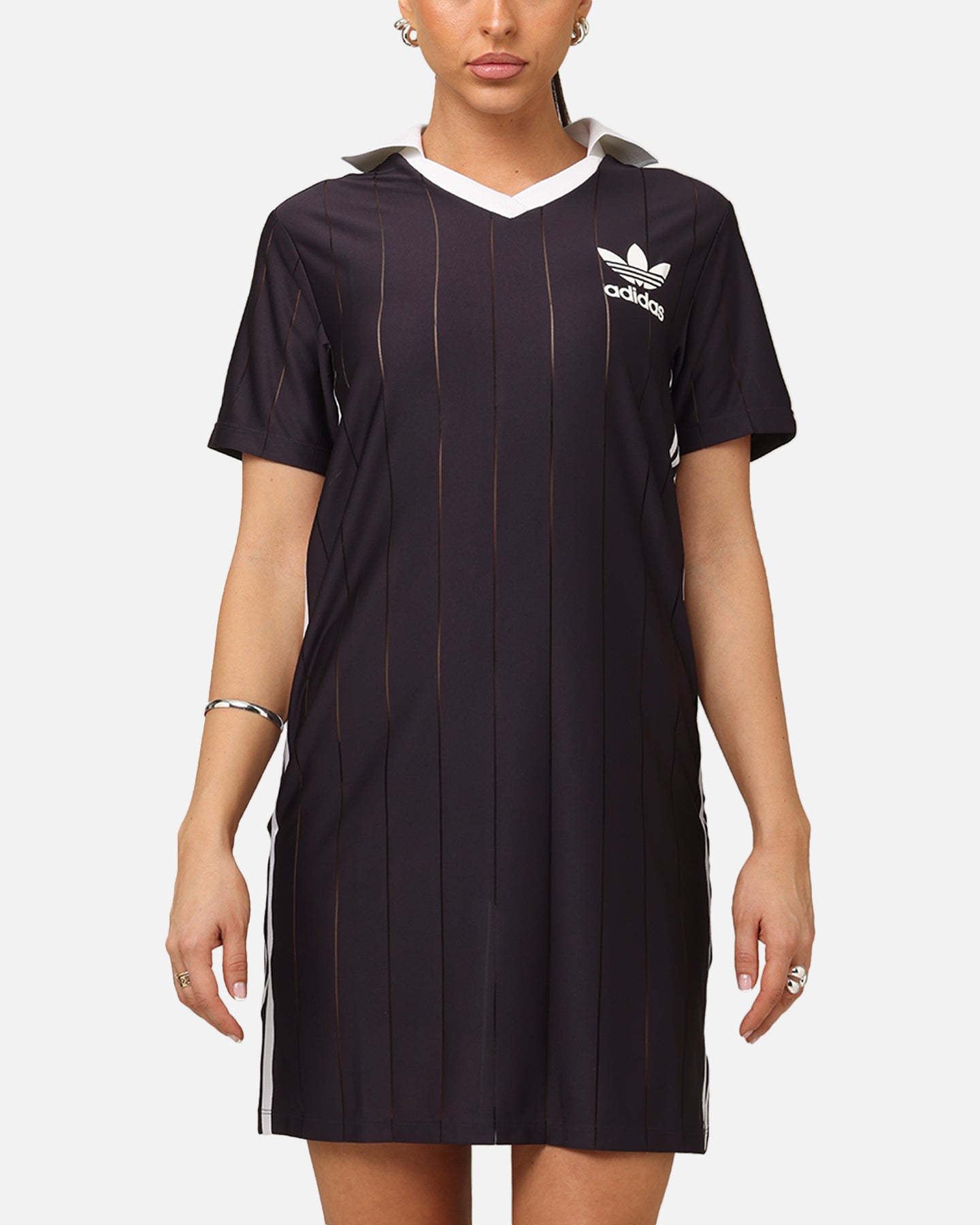 Adidas Women's 3 Stripes Pinstripe Dress - Aurora Black | Casual & Athletic Wear for Running, Gym & Everyday Fashion