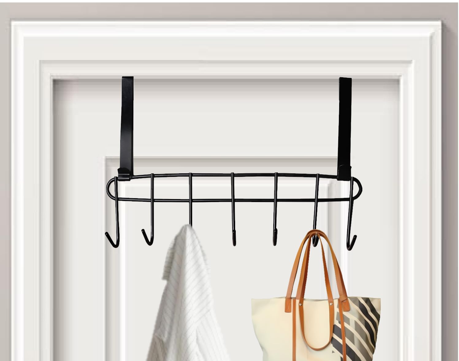 Konquer TimeS Heavy Duty Stainless Steel Over The Door Hook Hanger Organizer - Wall Mounted Hook Rack for Closet, Bathroom & Kitchen Organization - No Drilling Required (Black)