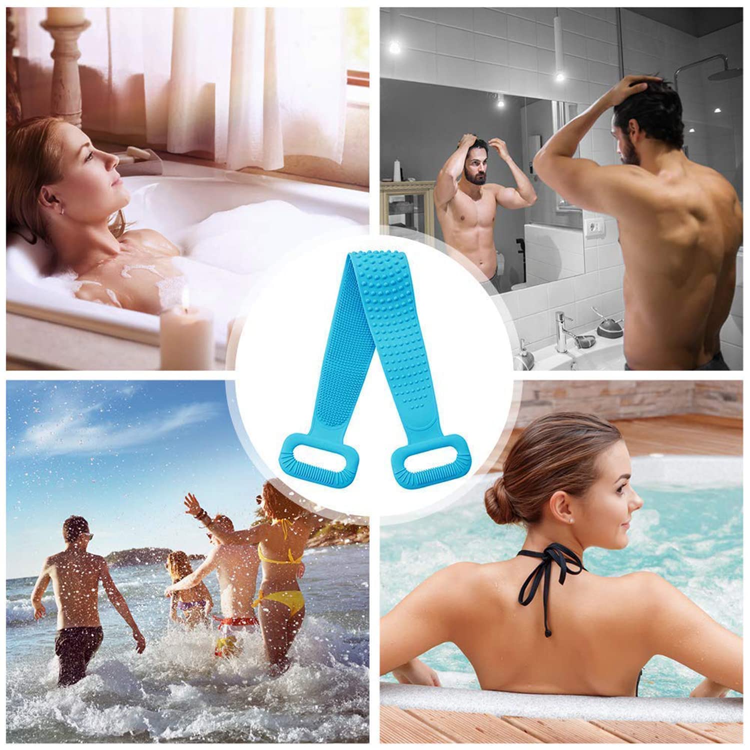 Mini House Silicone Bath Back Scrubber Belt with Handle - Double Sided Exfoliating Brush for Deep Skin Cleaning - Perfect for Women & Men (Blue) - Ideal for Shower, Bath & Spa Relaxation