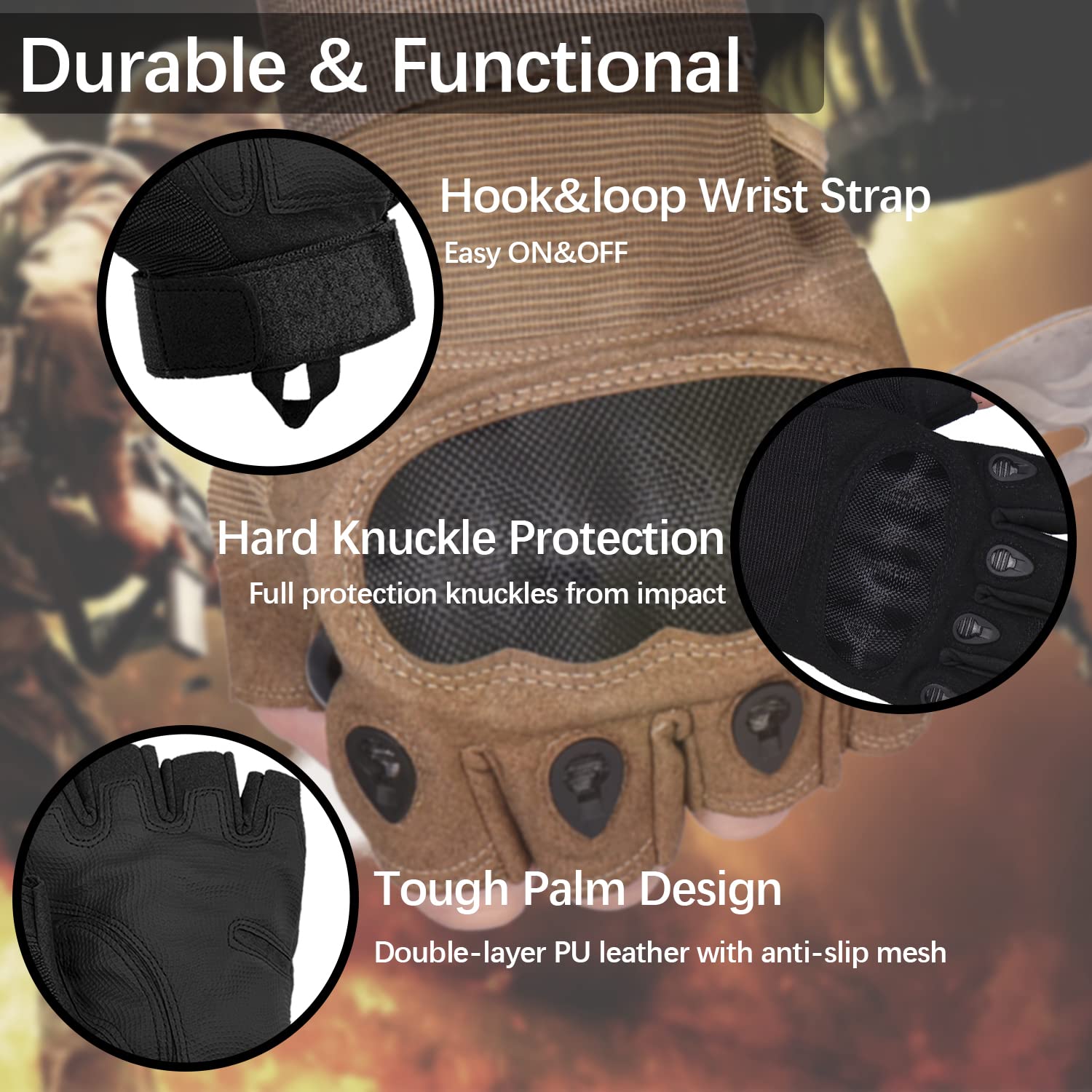 Tactical Fingerless Gloves with Touchscreen & Hard Knuckle - Half Finger Work Gloves for Outdoor Sports, Cycling, Motorcycle Riding & Utility Work - Breathable & Durable for Men & Women