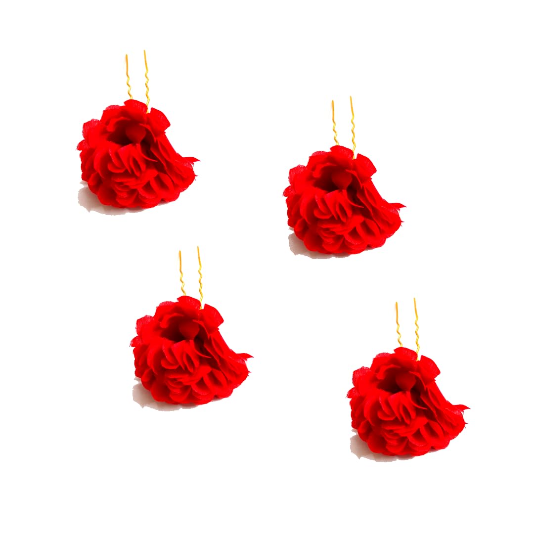 Elegant Artificial Fabric Rose Hair Pins with Golden Pins - Wedding Hair Clips, Bridal Hair Accessories for Women & Girls (Set of 4, Red) - Perfect for Weddings, Prom, Parties & Special Occasions