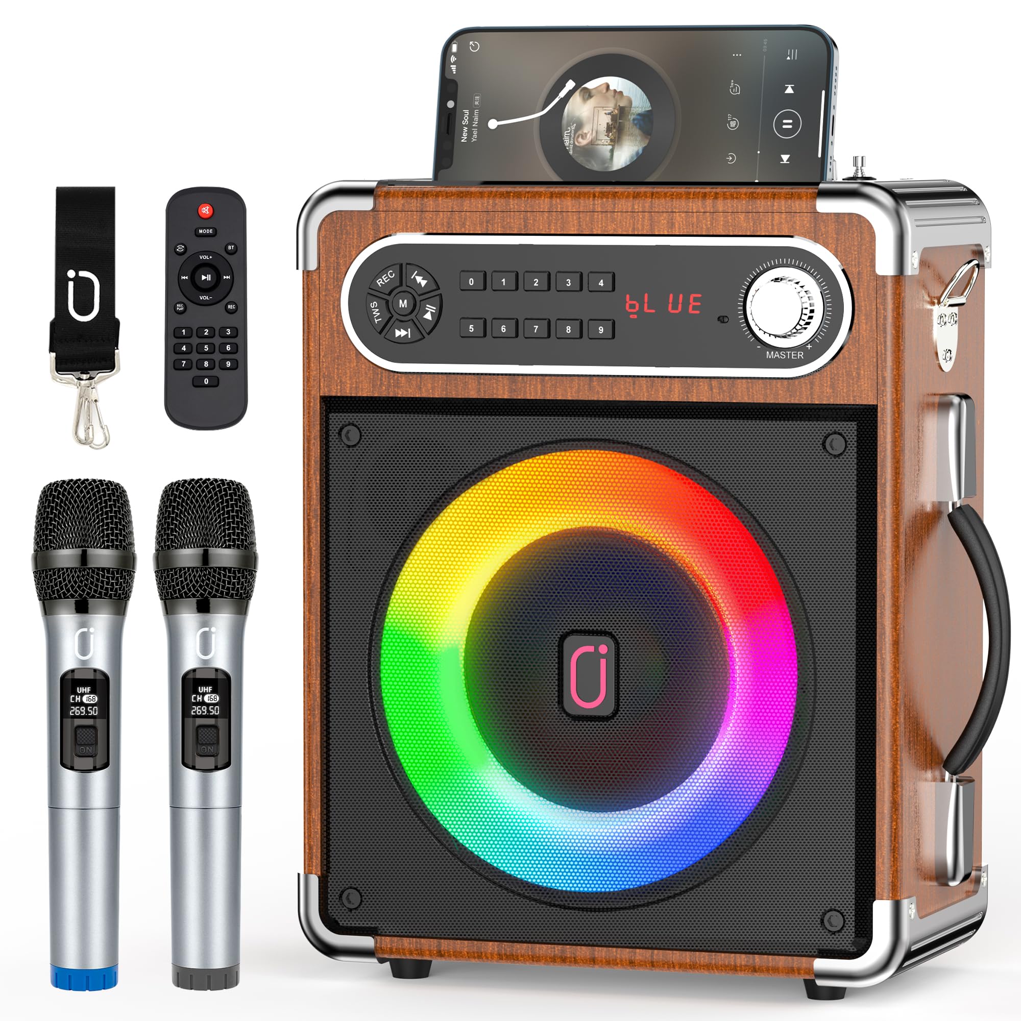 Portable Bluetooth Karaoke Machine with 2 Wireless Microphones - Bass/Treble Adjustable PA Speaker System with LED Lights, Remote Control, USB/AUX/TF/FM/REC/TWS - Perfect for Home Parties, Outdoor Gatherings & KTV Entertainment