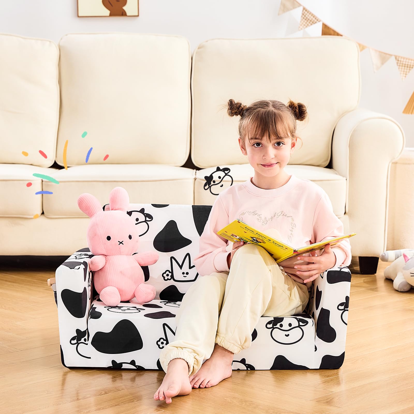 **Convertible Toddler Chair & Kids Sofa - Foldable Mini Couch for Playroom, Nursery, or Bedroom - Soft & Comfy Cow Print Design for Boys & Girls - Transforms into Toddler Bed for Naptime & Playtime**