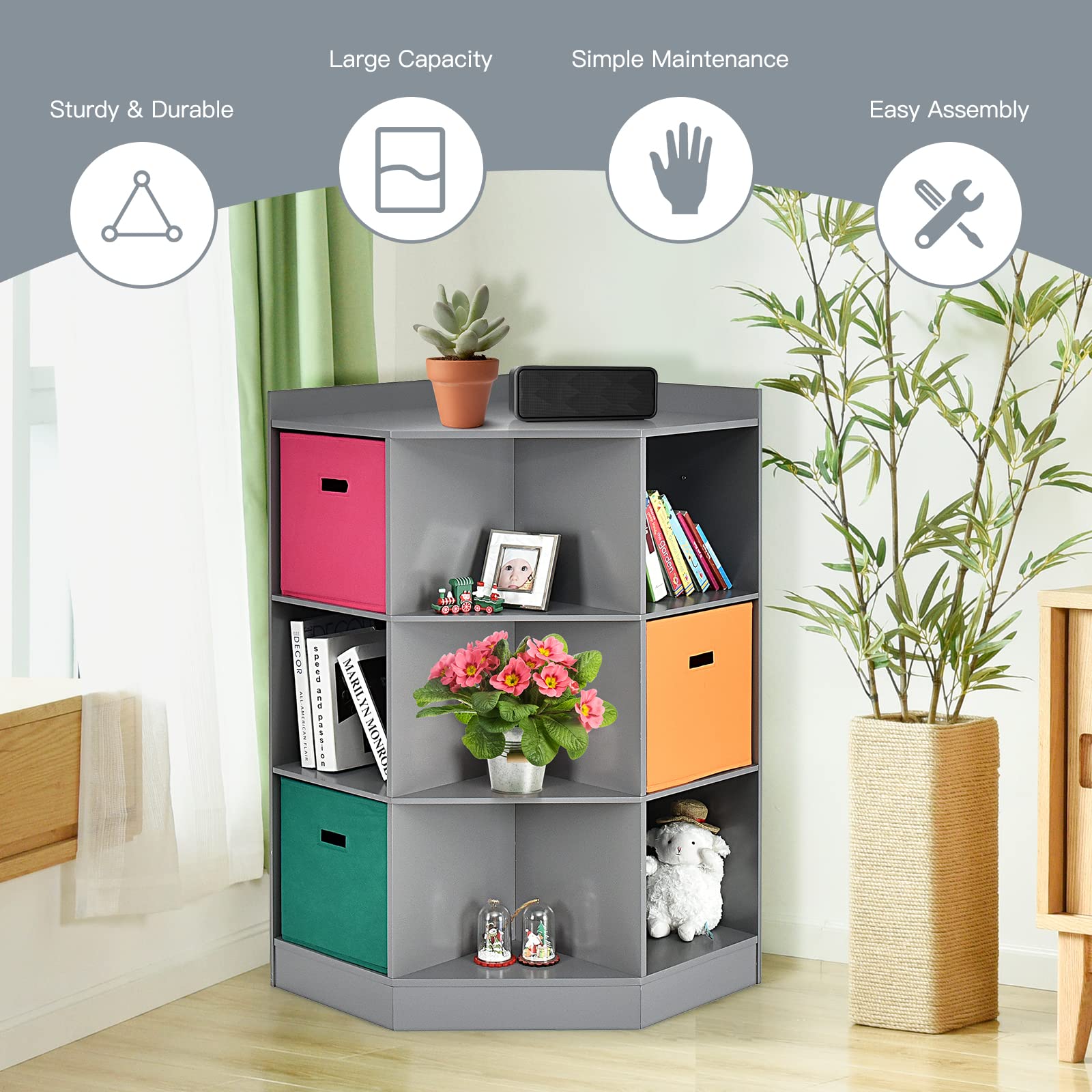 Costzon 9-Cubby Kids Bookcase with Extra Large Storage Baskets | Wooden Children's Organizer Shelf with 6 Cubes & 3 Shelves | Playroom & Nursery Storage Solution | Gray Kids Bookshelf for Toys, Books & Decor