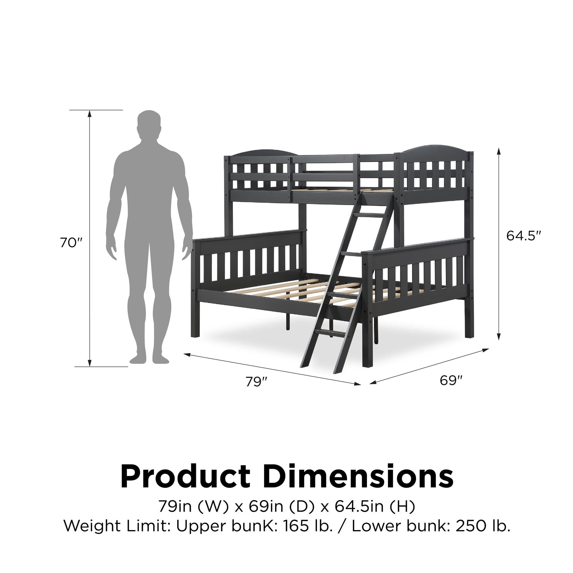 DHP Airlie Convertible Wood Bunk Bed - Twin Over Full Stackable & Detachable Bed Frame for Kids & Teens - Angled Ladder & High Guardrail - No Box Spring Needed - Slate Gray - Perfect for Small Rooms, Shared Kids' Bedrooms & Sleepovers