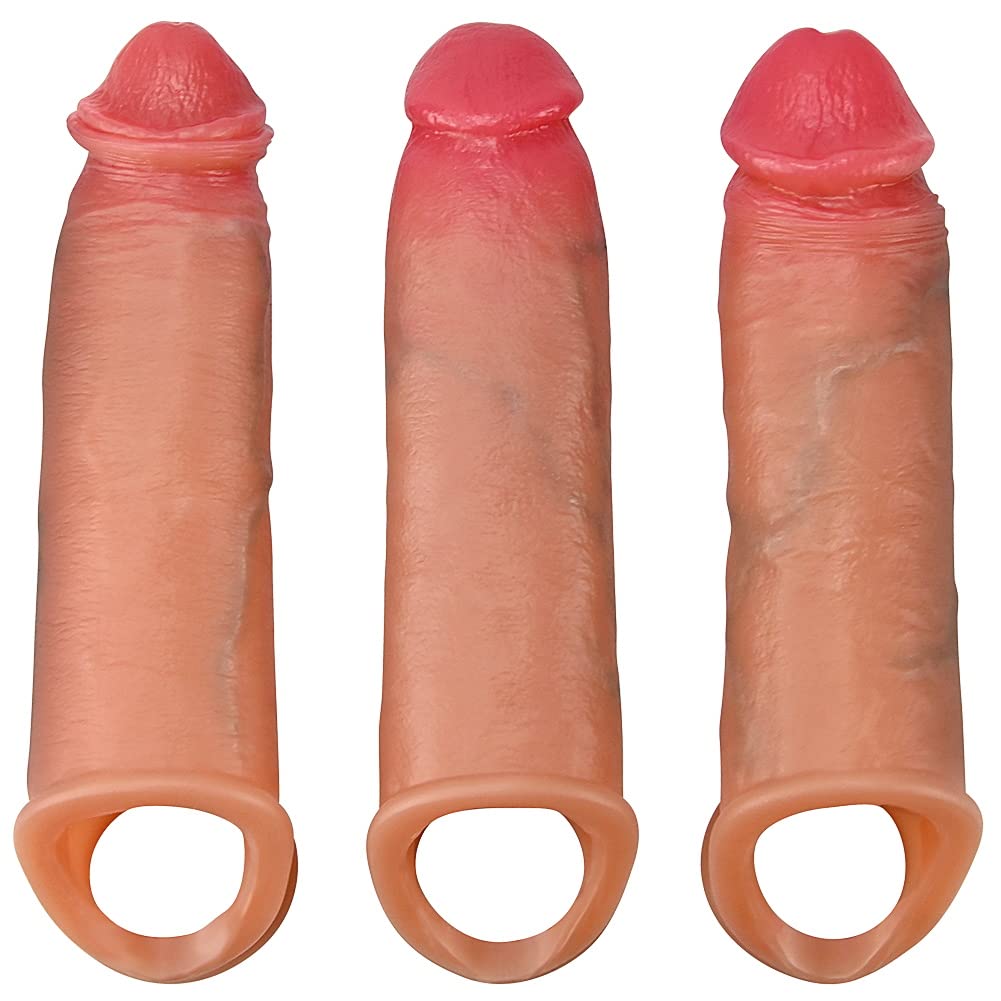 Premium Realistic Silicone Penis Sleeve Set - 3 Piece Veined Dildo Sleeves for Men | Enhances Size, Delays Ejaculation | Flesh Tone Adult Toy for Couples Play & Solo Pleasure