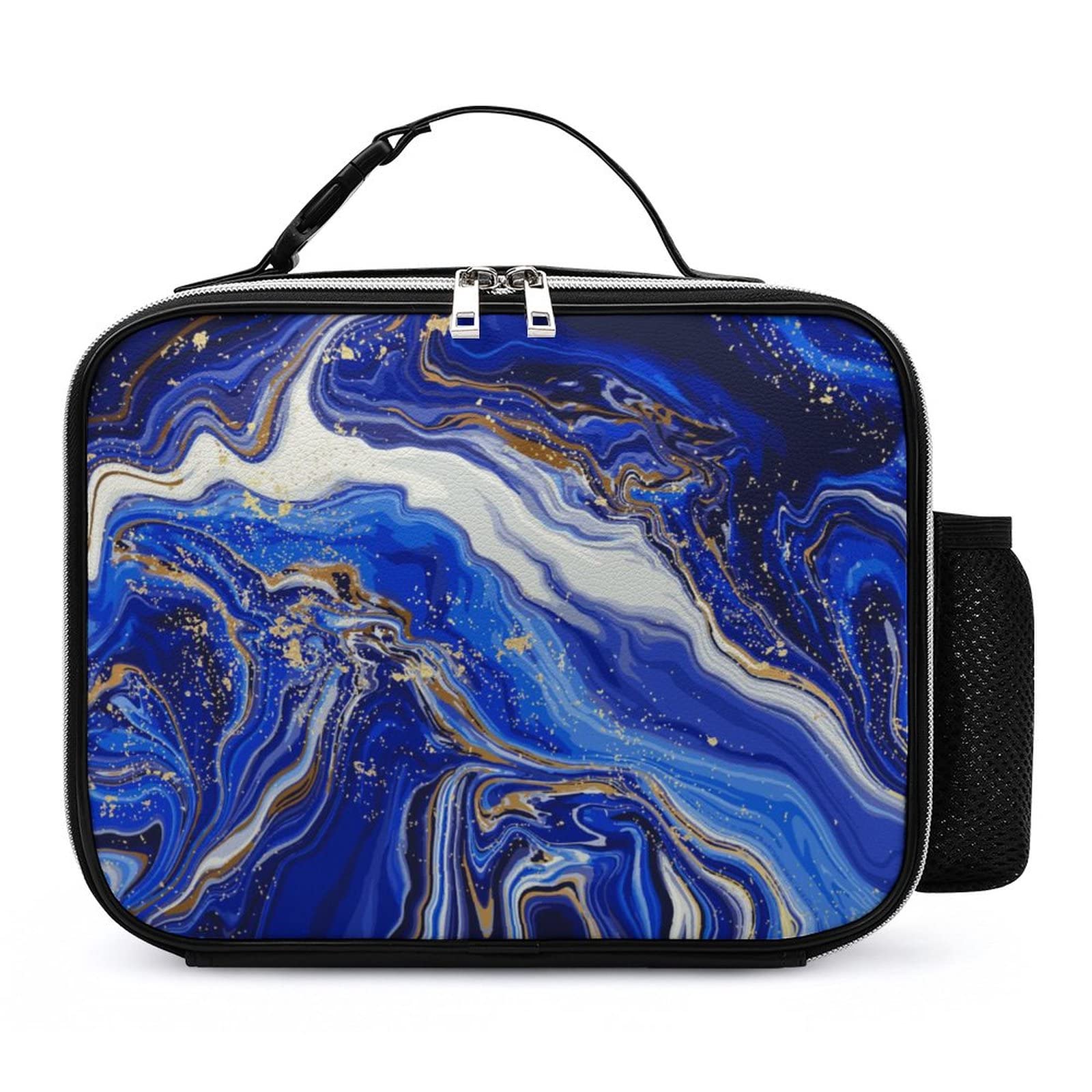 Premium Insulated Leather Lunch Box for Adults - Personalized Name, Leakproof & Reusable Cooler Bag for Work, School & Picnics | Blue Marble Bento Box & Snack Container for Men & Women