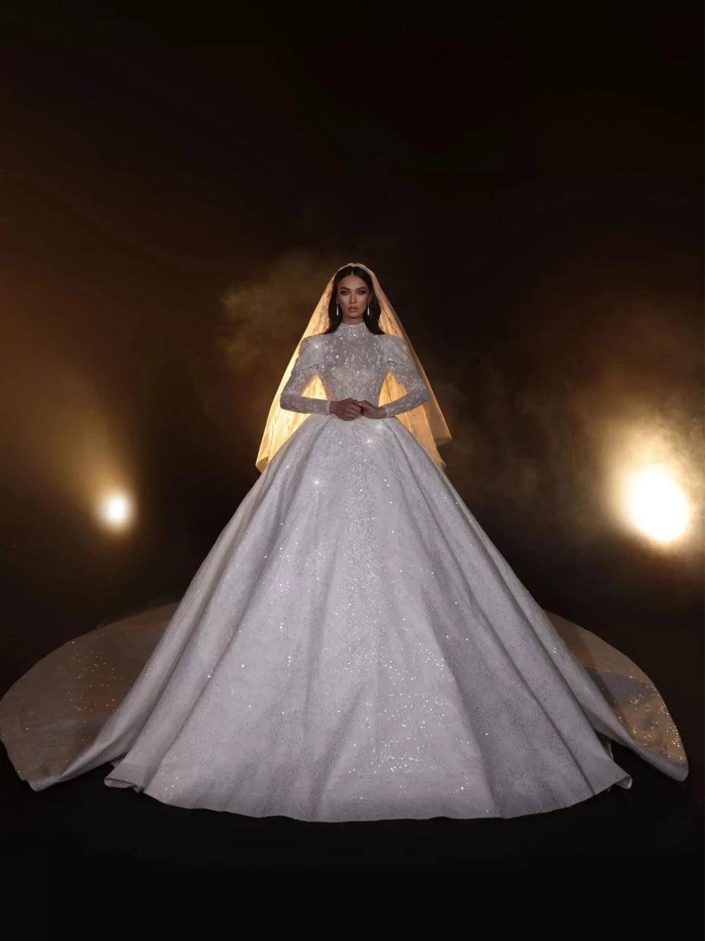 Elegant Modest High Neck Long Sleeve Wedding Dress - Luxury Custom Bridal Gown with Sparkling Sequins & Beads for Church, Formal Events & Vintage-Inspired Weddings