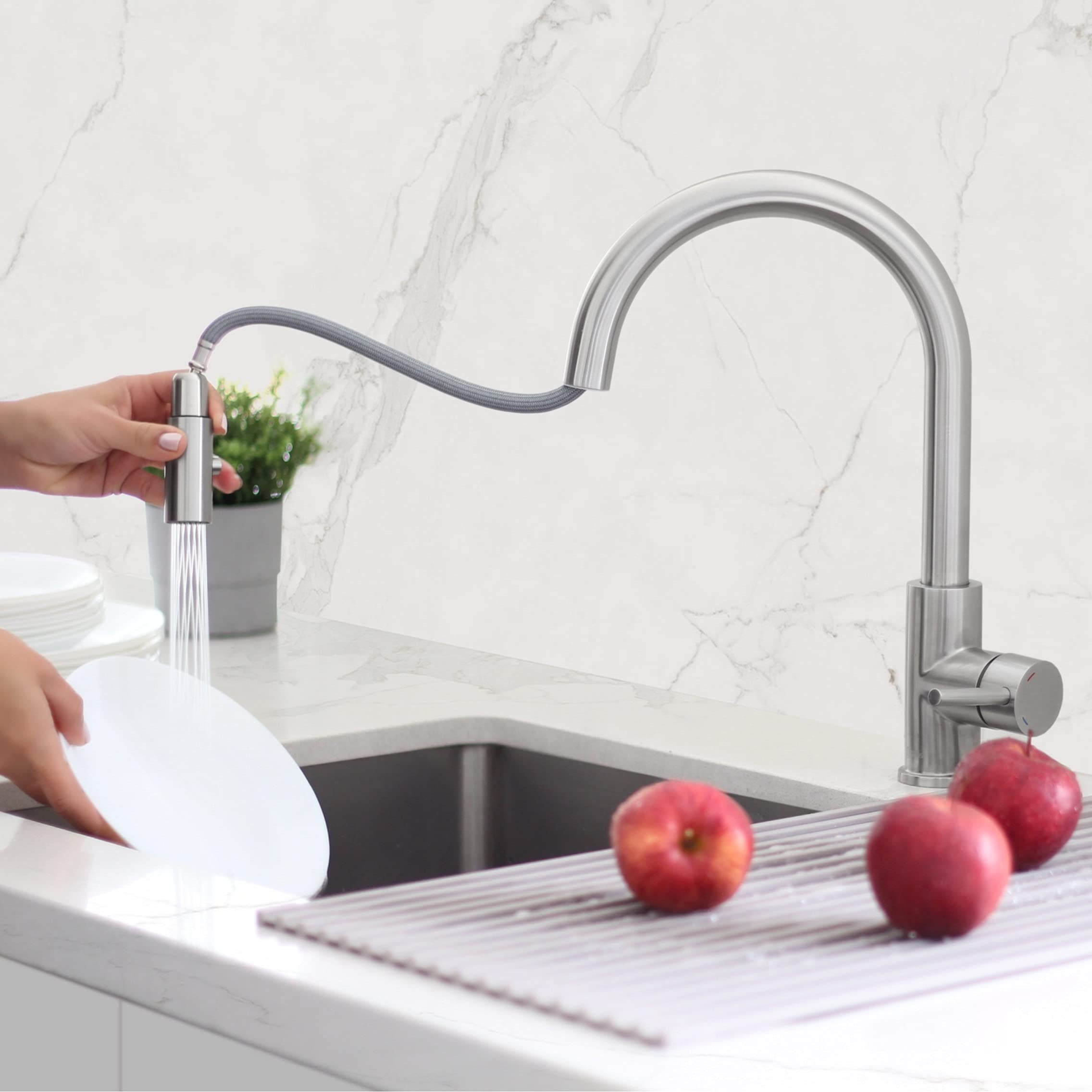 Stylish Brushed Stainless Steel Kitchen Faucet with Sprayer - Perfect for Modern Kitchens