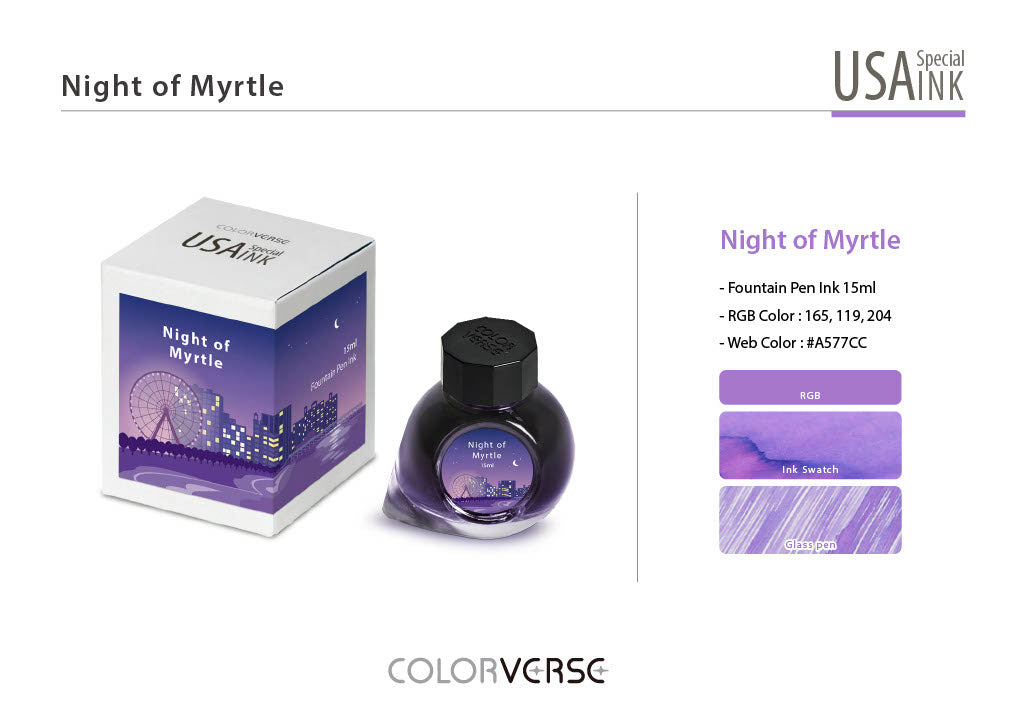 Colorverse USA Special Edition Bottled Ink - Night of Myrtle (15mL) - Premium Fountain Pen Ink for Calligraphy, Journaling & Artistic Writing