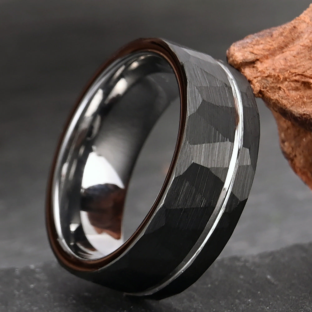 8mm Tungsten Ring for Men - Hammered Flat Texture & Black Electroplated Wedding Band - Durable Minimalist Jewelry for Grooms, Anniversary Gifts & Everyday Wear