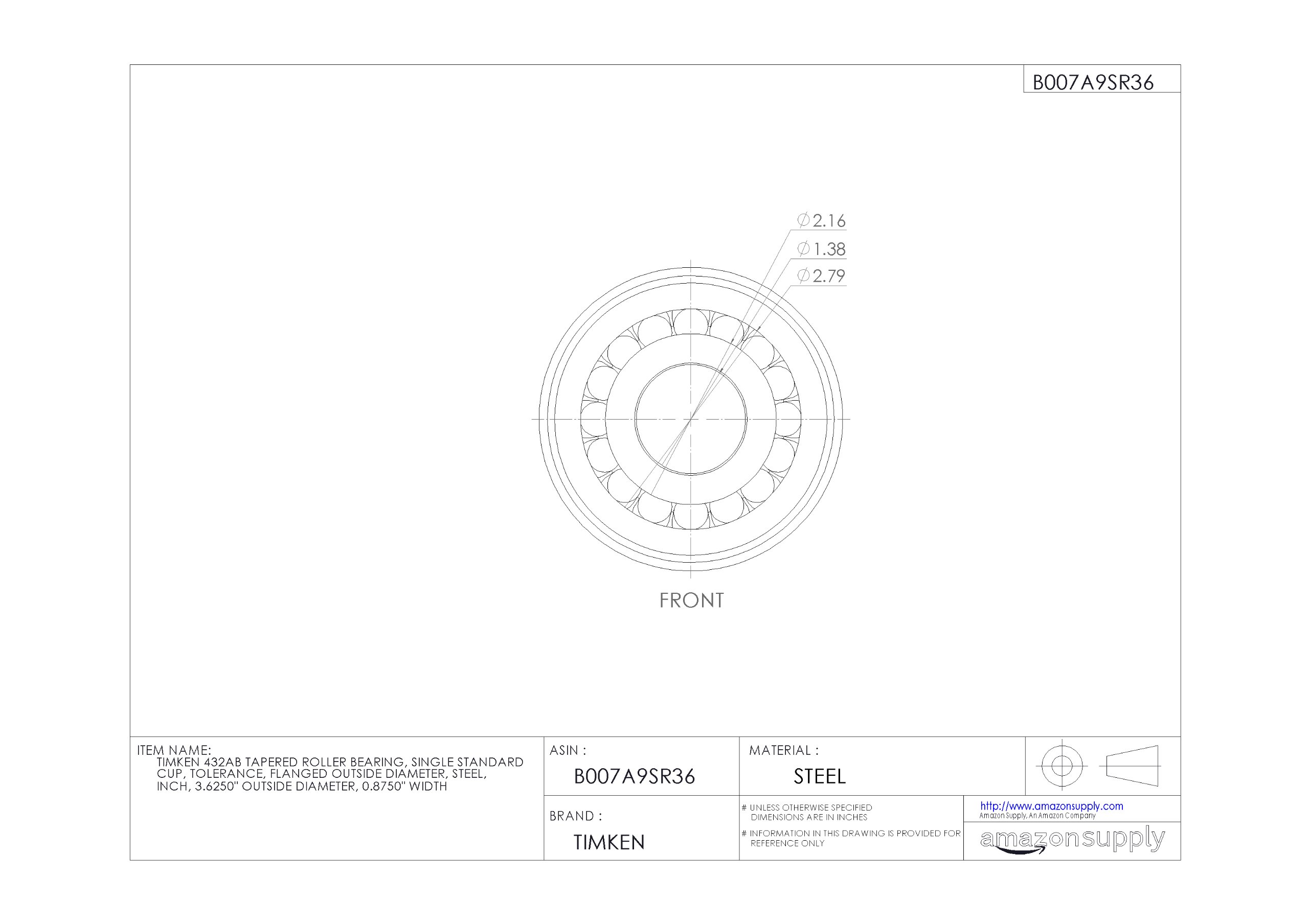 Timken 432AB Flanged Tapered Roller Bearing - Single Cup, Standard Tolerance, Steel Construction, 3.625