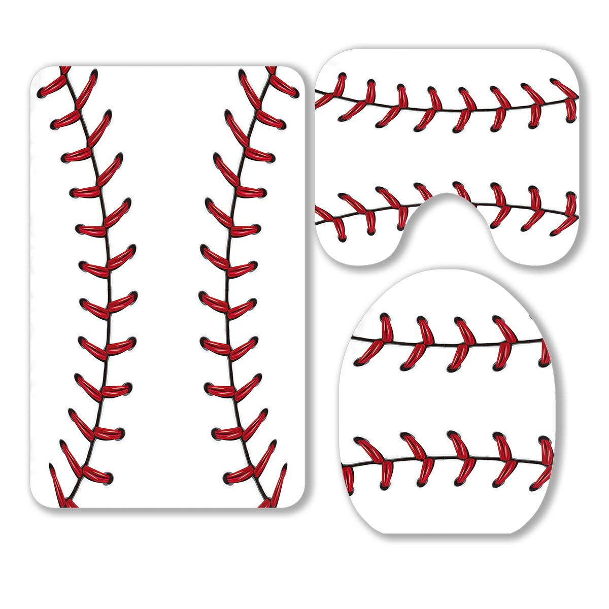 3-Piece Softball Baseball Bathroom Rug Set - Red Lace Over White Contour Mat & Toilet Lid Cover | Non-Slip Bath Mat for Baseball Fans, Kids Room & Sports Themed Decor