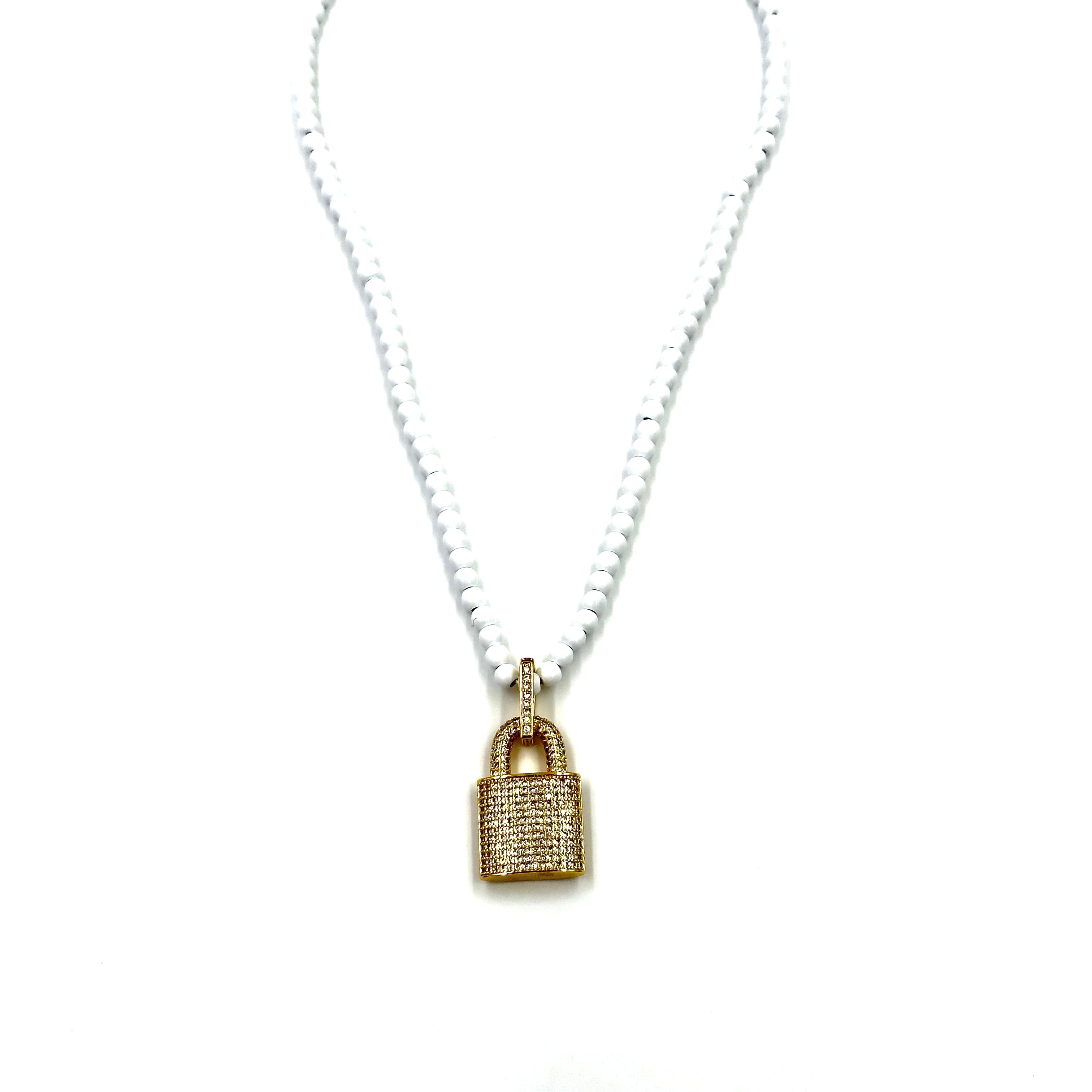 Ashley Gold Stainless Steel Gold Plated CZ Lock Pendant White Beaded Necklace for Women - Elegant Jewelry Gift for Birthday, Anniversary & Special Occasions