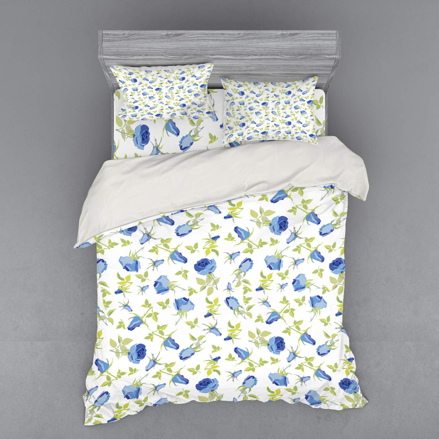 Ambesonne Green Floral Duvet Cover Set - 4 Piece Queen Size Bedding with Abstract Rose Design, Shams & Fitted Sheet in Blue Pale Green White - Perfect for Valentine's Day, Romantic Bedroom Decor & Guest Room Styling