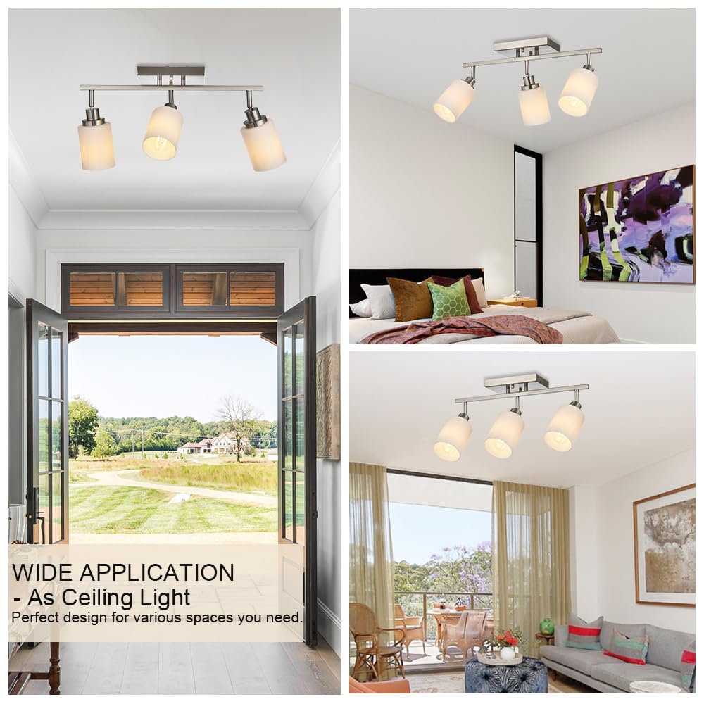 3-Light Brushed Nickel Track Lighting Fixture with Opal White Glass Shades, E26 Bulb Base - Modern Ceiling & Wall Spot Lights for Living Room, Kitchen, Gallery & Retail Stores