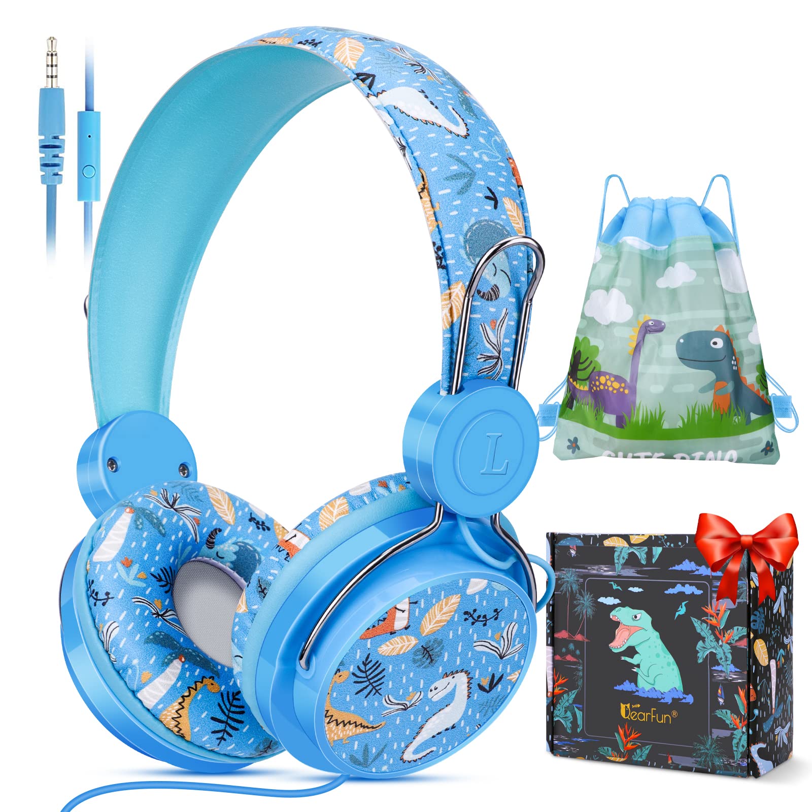 Dinosaur Kids Headphones with Microphone - Adjustable Over-Ear Wired Headphones for Boys & Girls, Safe Volume Control for School, Travel, iPad, Kindle & Fire Tablet - Perfect for Learning & Entertainment (Blue)