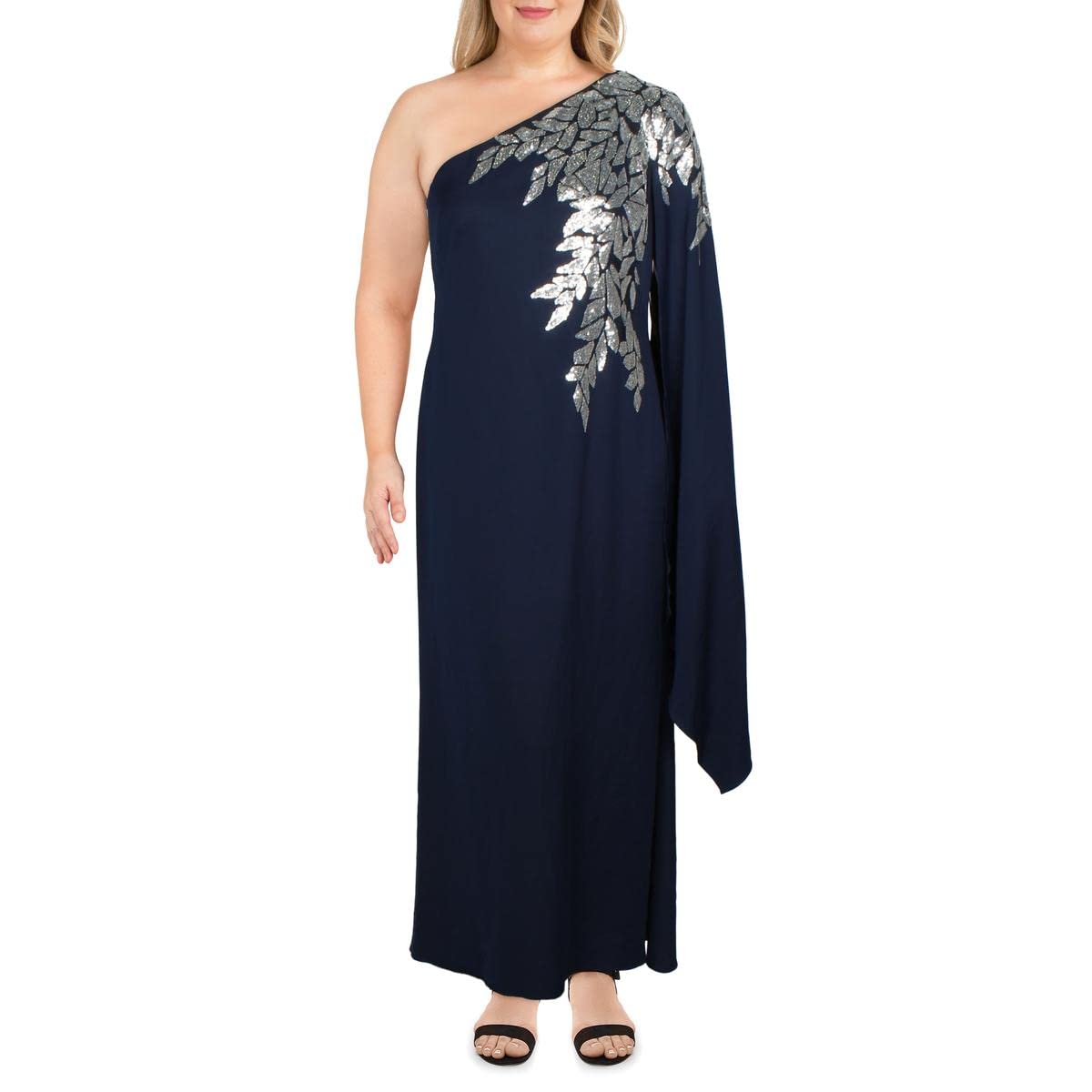 Tadashi Shoji Women's Navy Blue Sequined One-Shoulder Evening Gown - Size 8 | Elegant Formal Dress for Prom, Wedding & Special Occasions