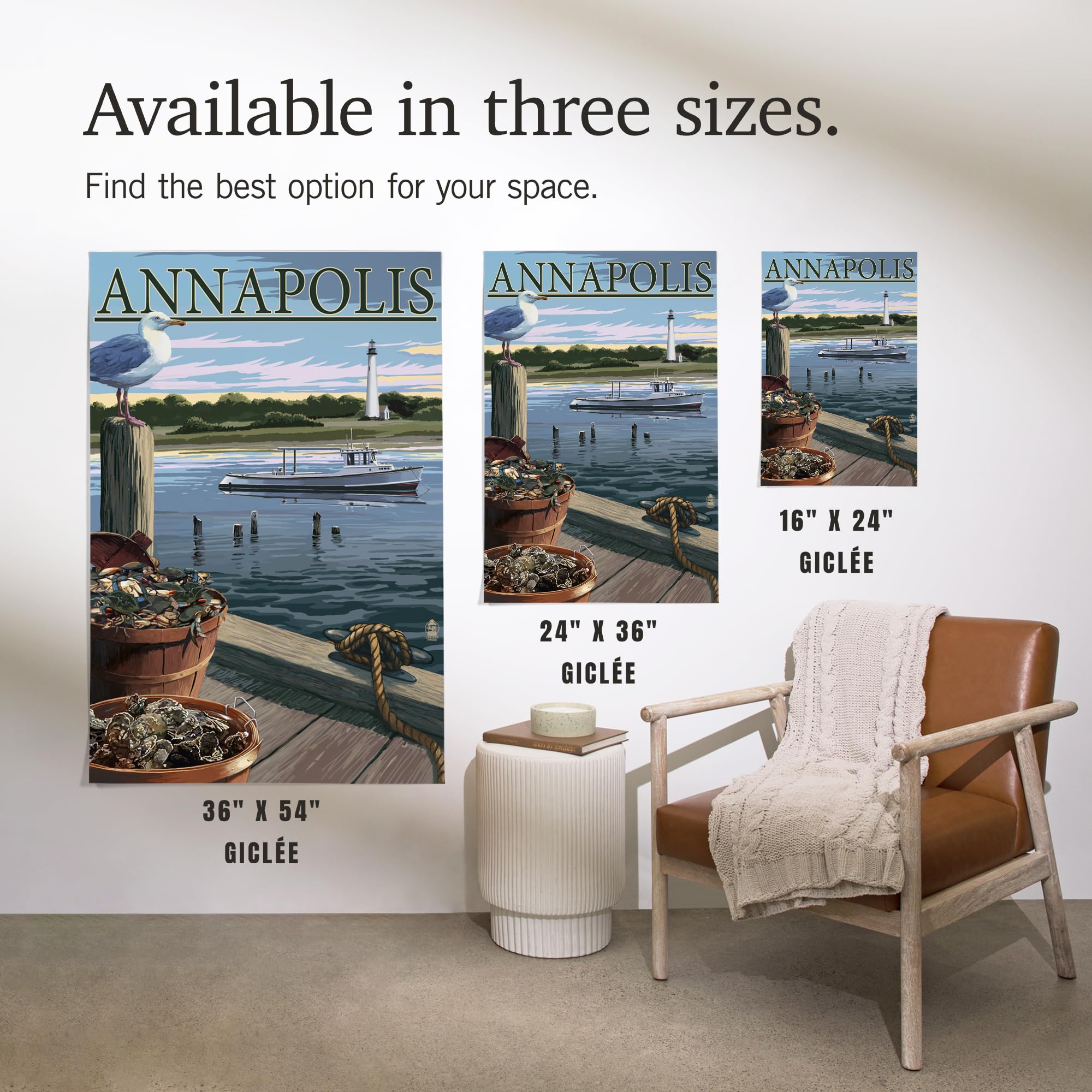 Lantern Press 16x24 Inch Giclee Art Print - Annapolis Maryland Blue Crab & Oysters on Dock - Coastal Wall Decor for Living Room, Kitchen or Beach House