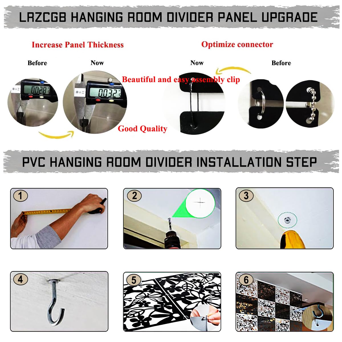 LRZCGB 12-Piece PVC Black Hanging Room Divider Panel Screen - Solid Privacy Partition for Living Room, Dining Room, Study & Hotel Decor | Home Office Separation & Space Dividing Solution