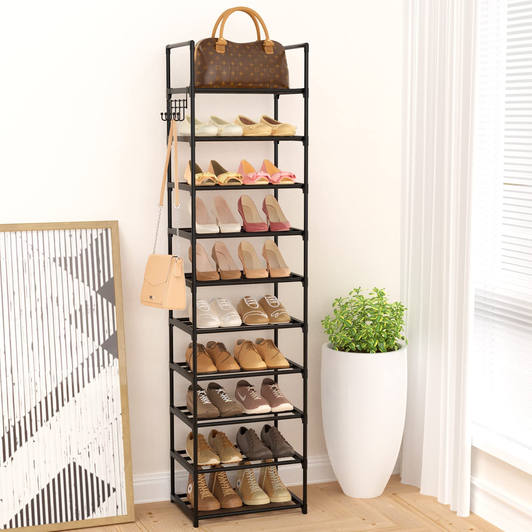 VTRIN 10-Tier Narrow Shoe Rack - Holds 20-25 Pairs of Shoes & Boots | Space-Saving Shoe Organizer for Entryway, Closet & Hallway | Sturdy Black Shoe Shelf with 5 Hooks for Sneakers, Heels & Boots | Perfect for Small Spaces & Apartment Living