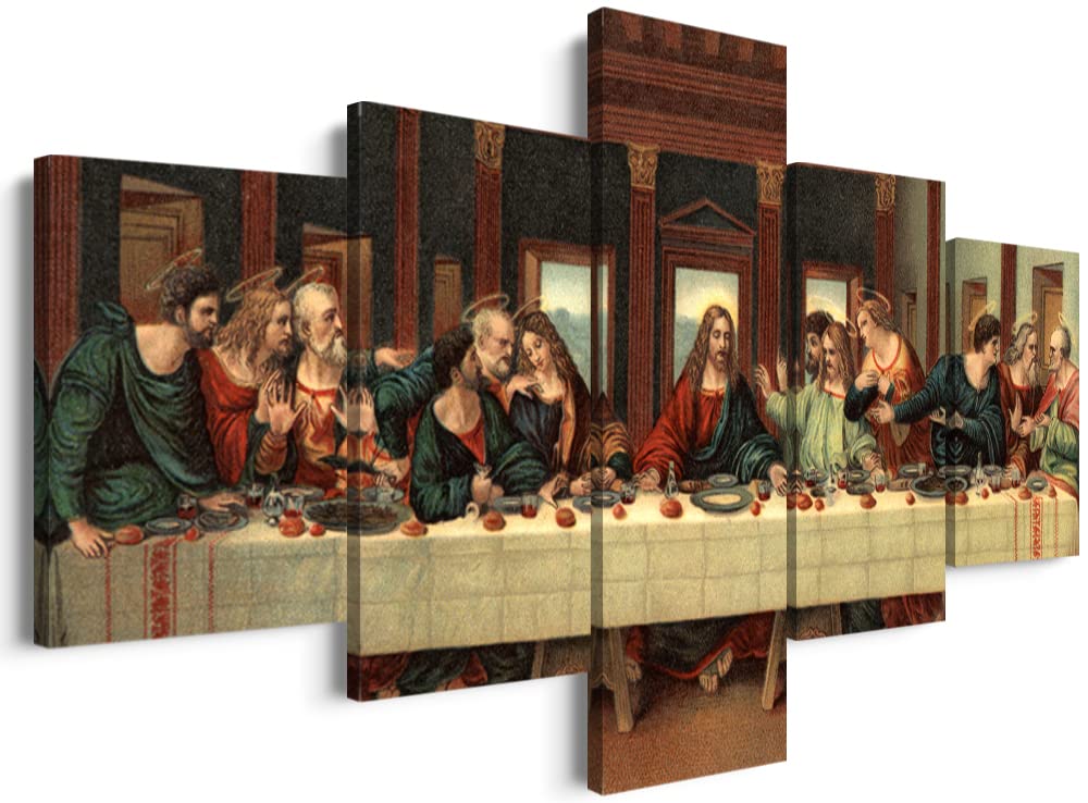 YOUHONG 5-Piece Last Supper Wall Art Set - Leonardo Da Vinci Inspired Religious Wall Decor - Jesus Pictures for Christian Home & Dining Room - Ready to Hang (70''W x 40''H) - Perfect for Church, Chapel & Faith-Based Interior Design