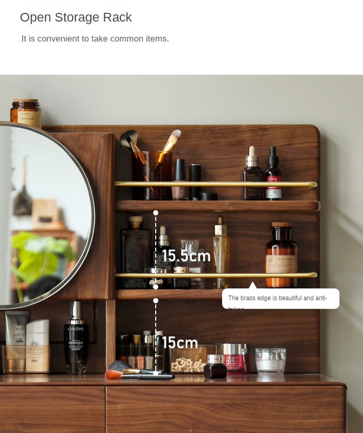 Black Walnut Solid Wood Moon Makeup Mirror Vanity Dressing Table - Elegant Bedroom & Bathroom Decor for Women