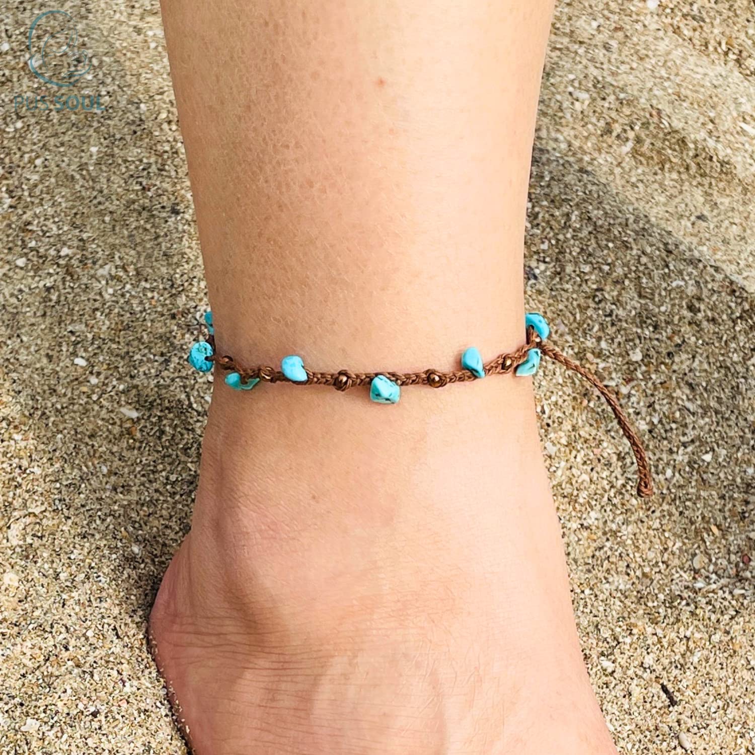 Turquoise Ankle Bracelets for Women – Adjustable Braided Wax Cord Anklet with Genuine Turquoise Chips, Waterproof & Custom Sizing – Perfect for Summer Beach, Vacation & Boho Fashion | PusSoul