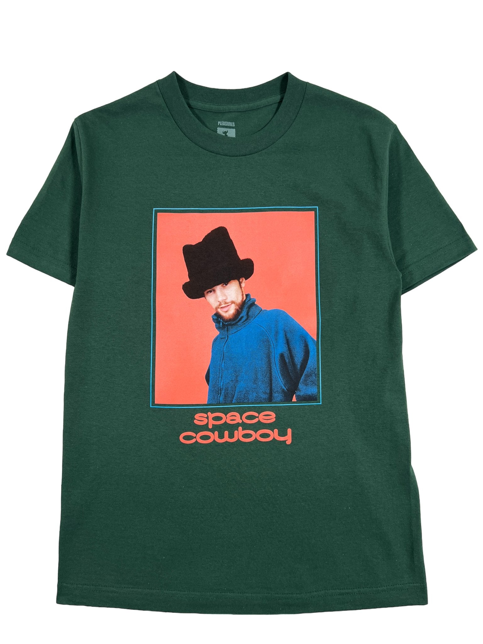 Pleasures Space Cowboy Graphic T-Shirt for Men - Hunter Green Cotton Tee | Vintage Western Style Shirt for Casual Wear & Music Festivals