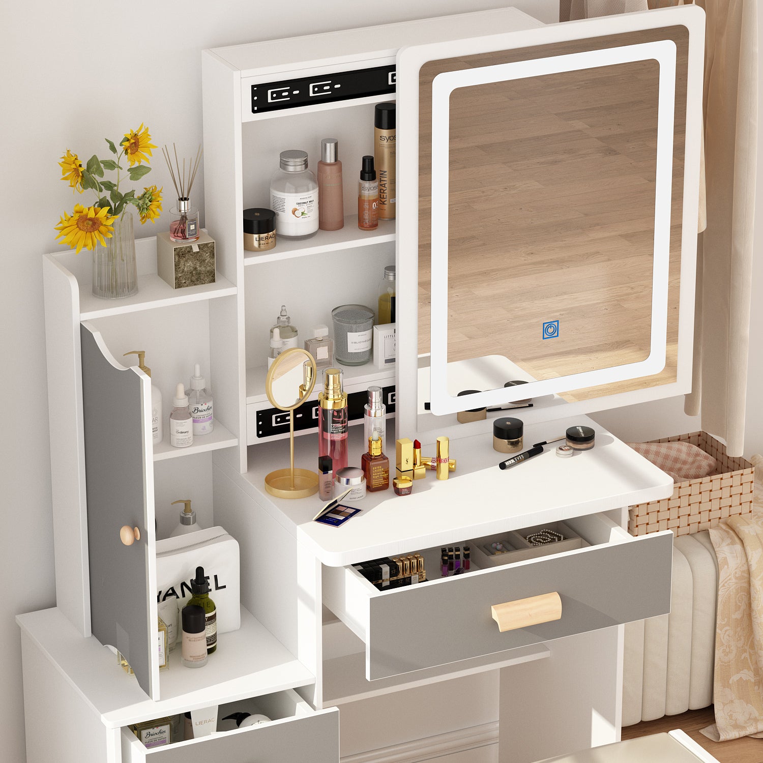 Vanity Set with Sliding Mirror, 4 Drawers & Shelves - Includes Cushioned Stool for Makeup & Dressing Room Organization - Perfect for Bedroom, Bathroom & Beauty Salon Decor