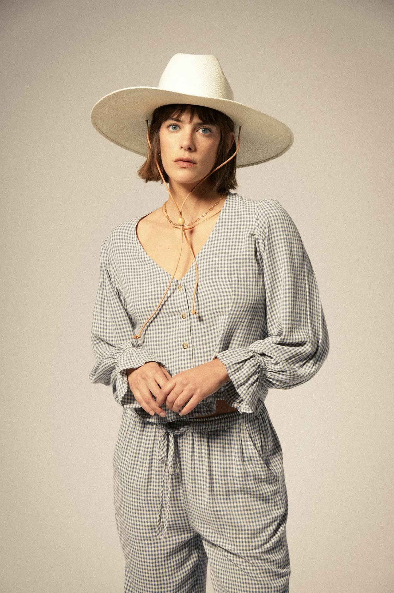 The Meadow Blouse - Azure Blue Gingham Women's Top | Floral Print Casual Shirt for Spring & Summer | Perfect for Office, Date Night & Outdoor Activities