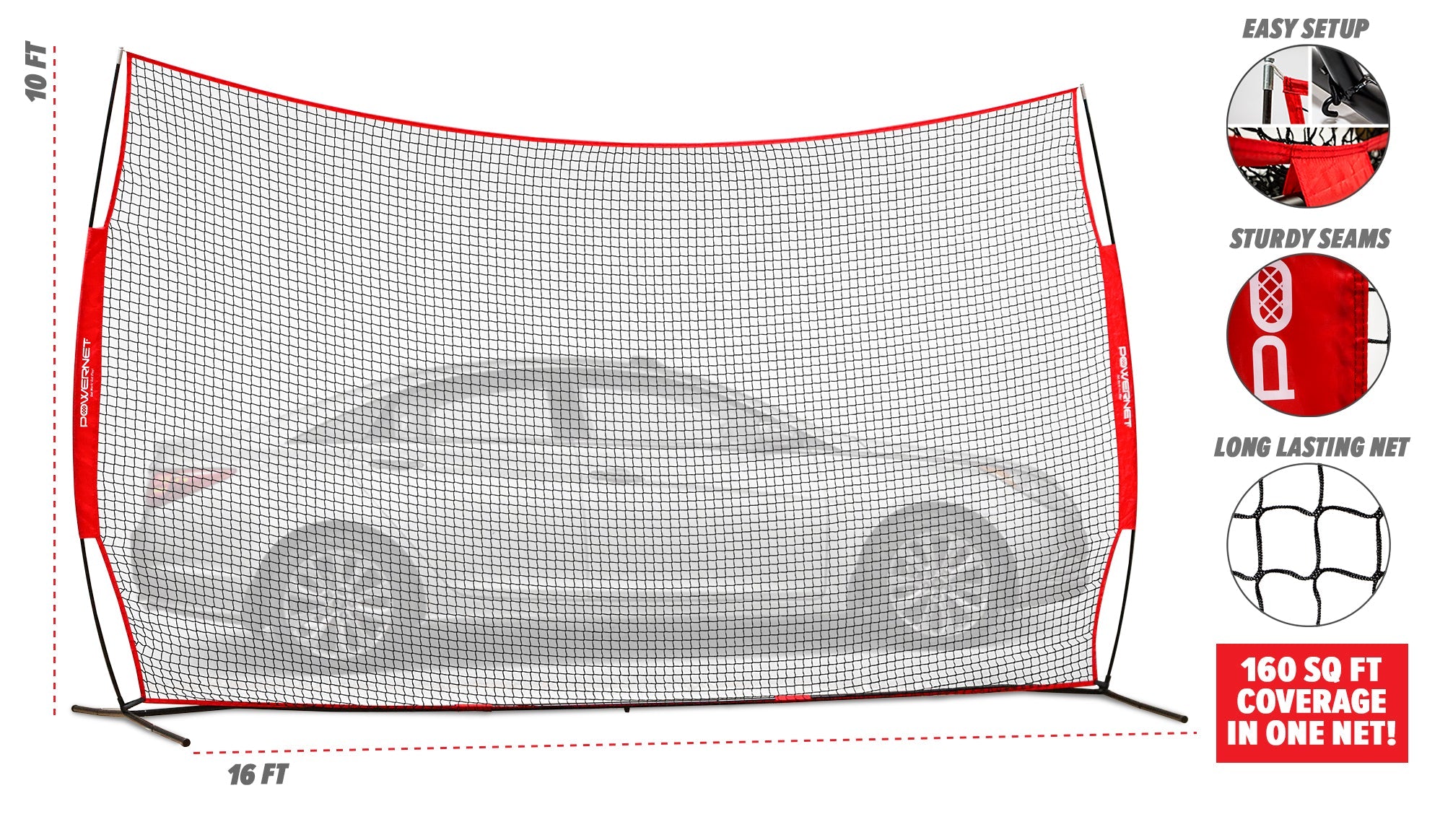 PowerNet 16 ft x 10 ft Sports Barrier Net - Heavy Duty Protective Fence for Baseball, Soccer, Golf Practice | Perfect for Backyard, Field & Training Facilities