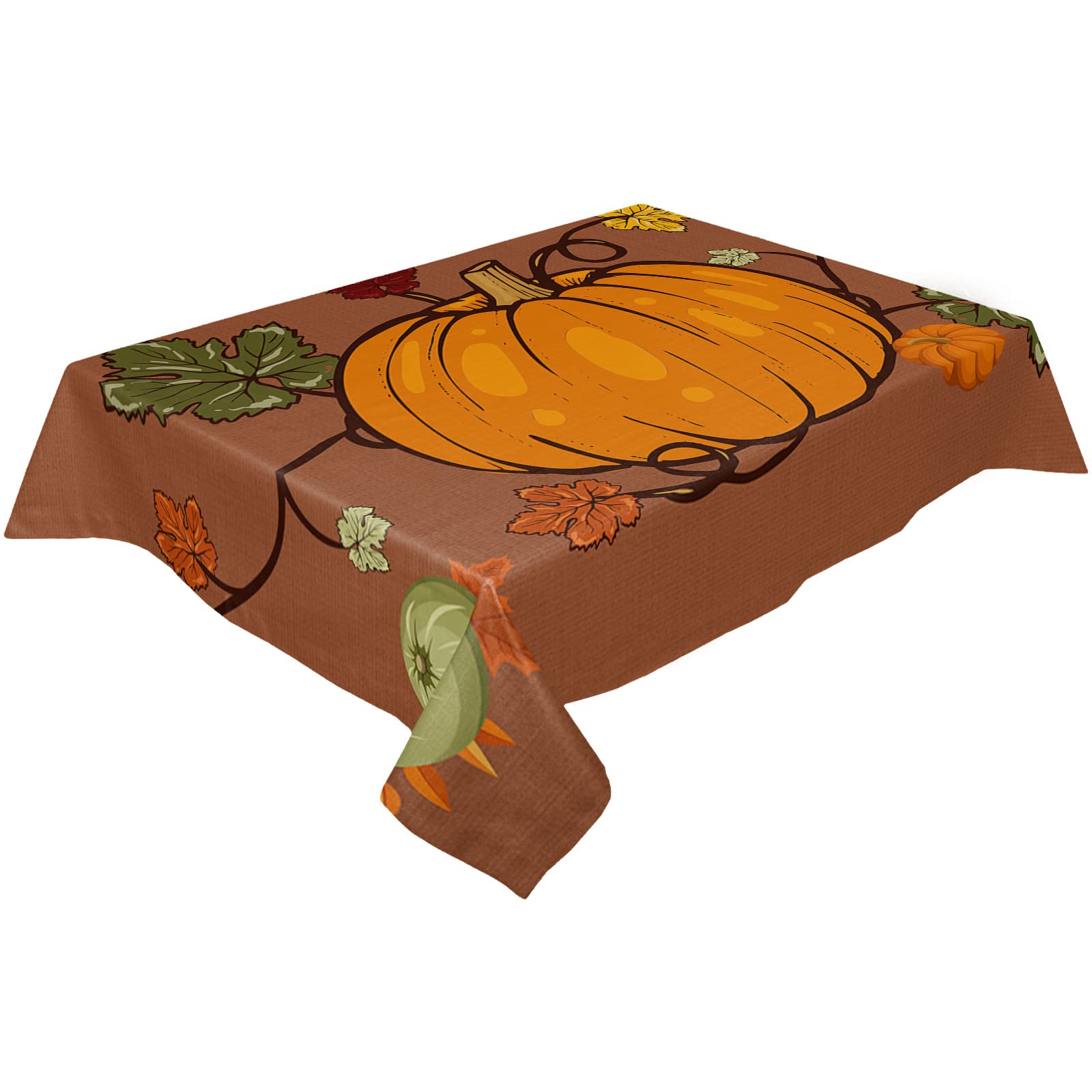 Waterproof & Stainproof Rectangle Pumpkins Brown Tablecloth - Wrinkle-Free Thanksgiving Fall Maple Leaves Country Decor for Round, Rectangle, Oval Tables - Perfect for Dining, Party, Wedding & Holiday Gatherings