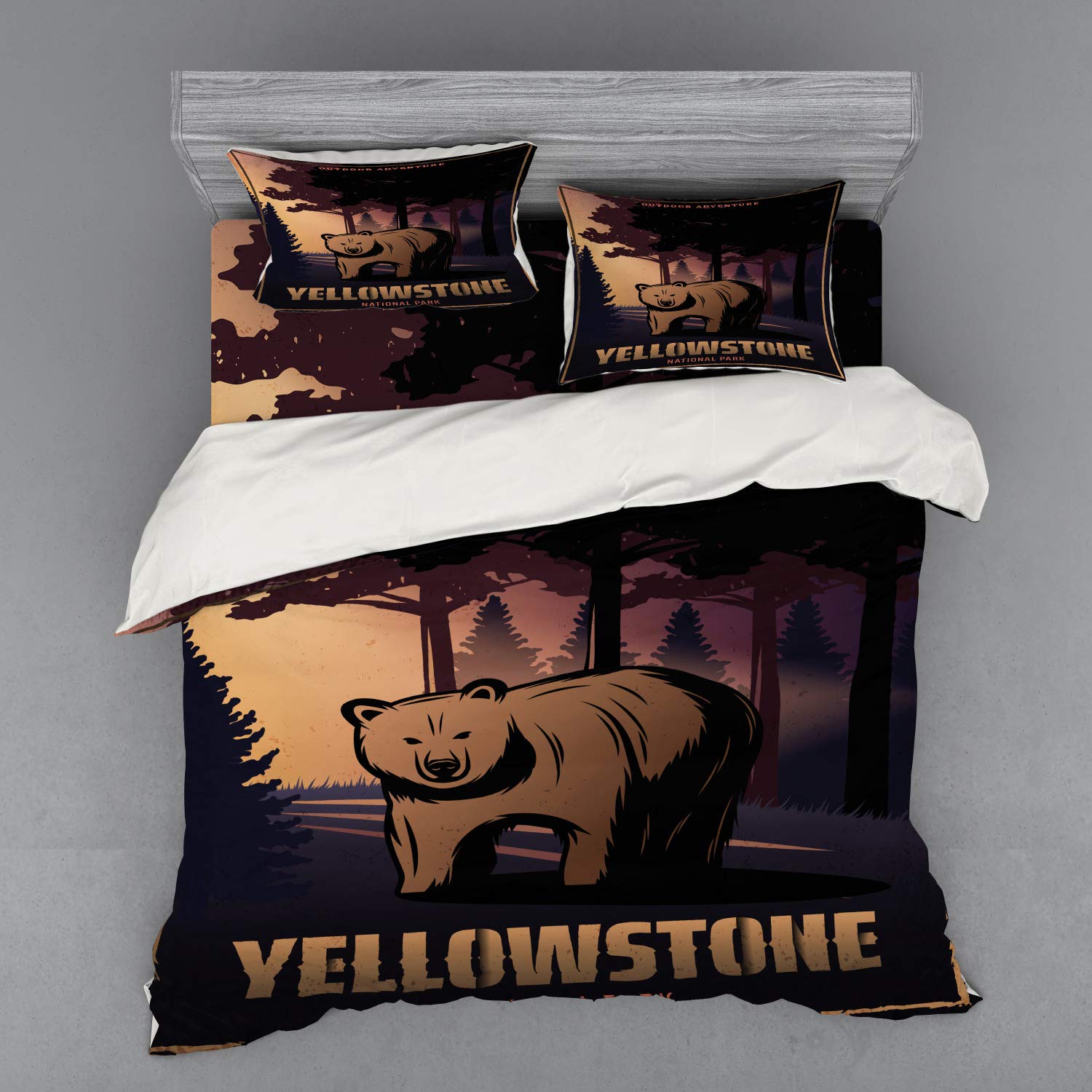 Ambesonne Wyoming Bedding Set 4-Piece King Size - Yellowstone National Park Bear & Forest Cartoon Duvet Cover with Shams & Fitted Sheet, Multicolor - Perfect for Nature Lovers' Bedroom Decor & Cozy Cabin Retreats