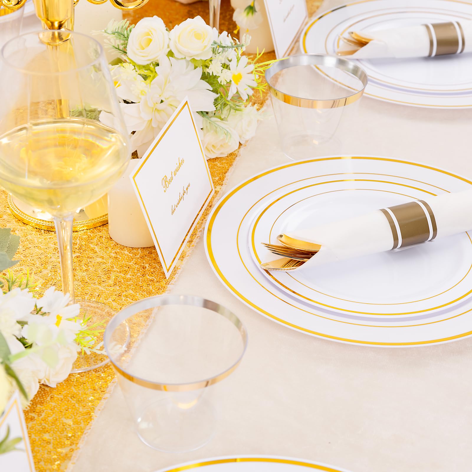 DaYammi 350-Piece Gold Plastic Dinnerware Set for 50 Guests - Elegant Disposable Plates, Cups, Silverware & Napkins for Parties, Weddings, Events - Includes 50 Dinner Plates, 50 Dessert Plates, 50 Cups & 50 Pre-Rolled Napkins with Gold Cutlery - Perfect for Birthday Celebrations, Bridal Showers & Holiday Gatherings