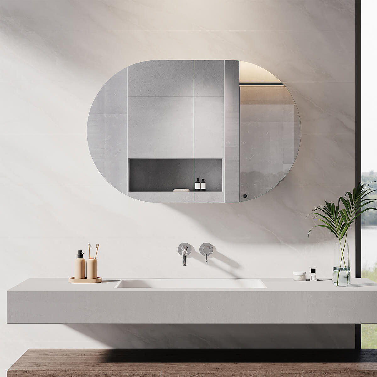 Black 900x600mm Oval Mirror Cabinet Medicine Shaving Bathroom Wall Hung or In wall