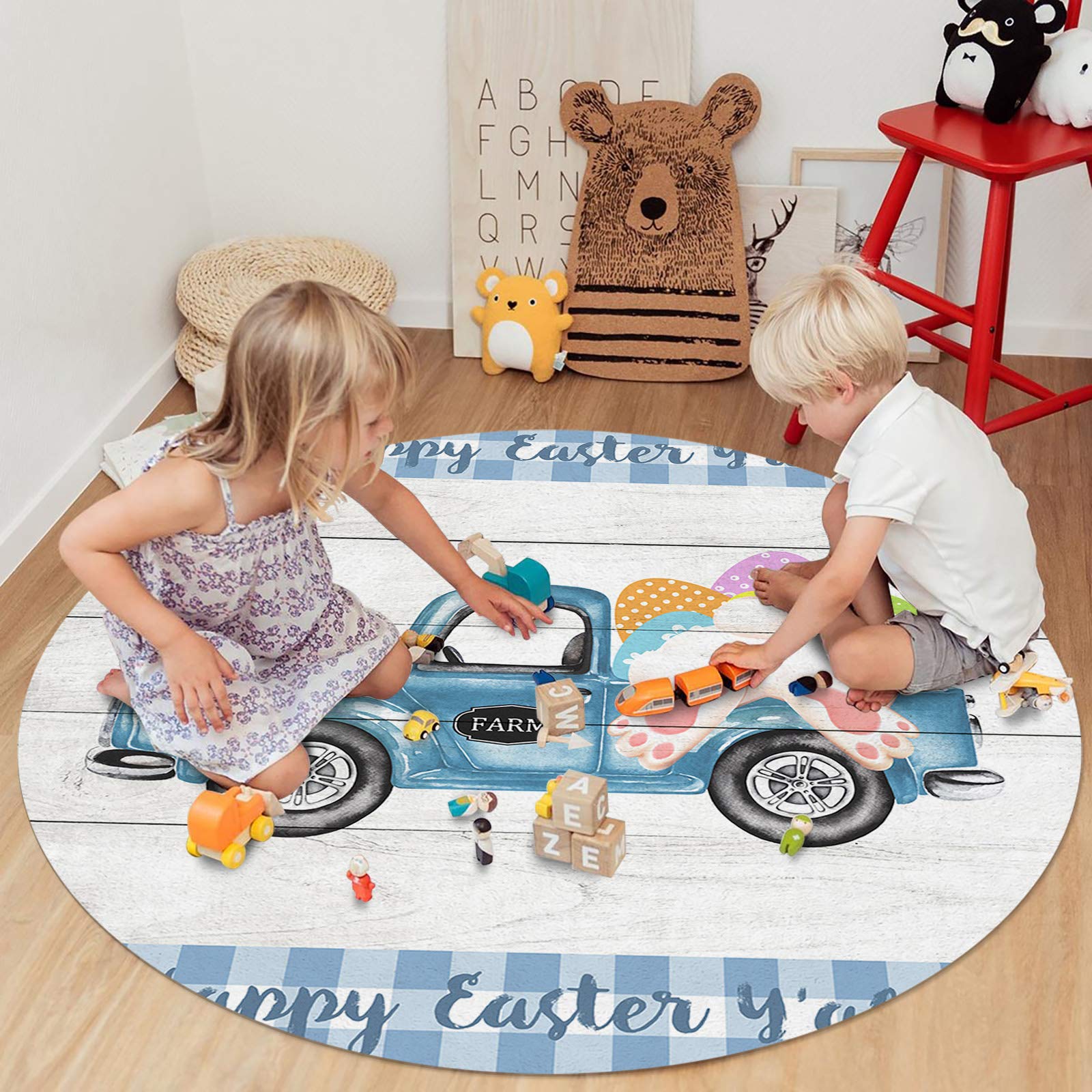 Large Round Non-Slip Area Rug - Blue Truck Oil Painting Design with Bunny Footprints, 4ft Washable Floor Mat for Bedroom, Living Room & Kids Room | Perfect for Easter Decor, Spring Home Decor & Indoor Safety