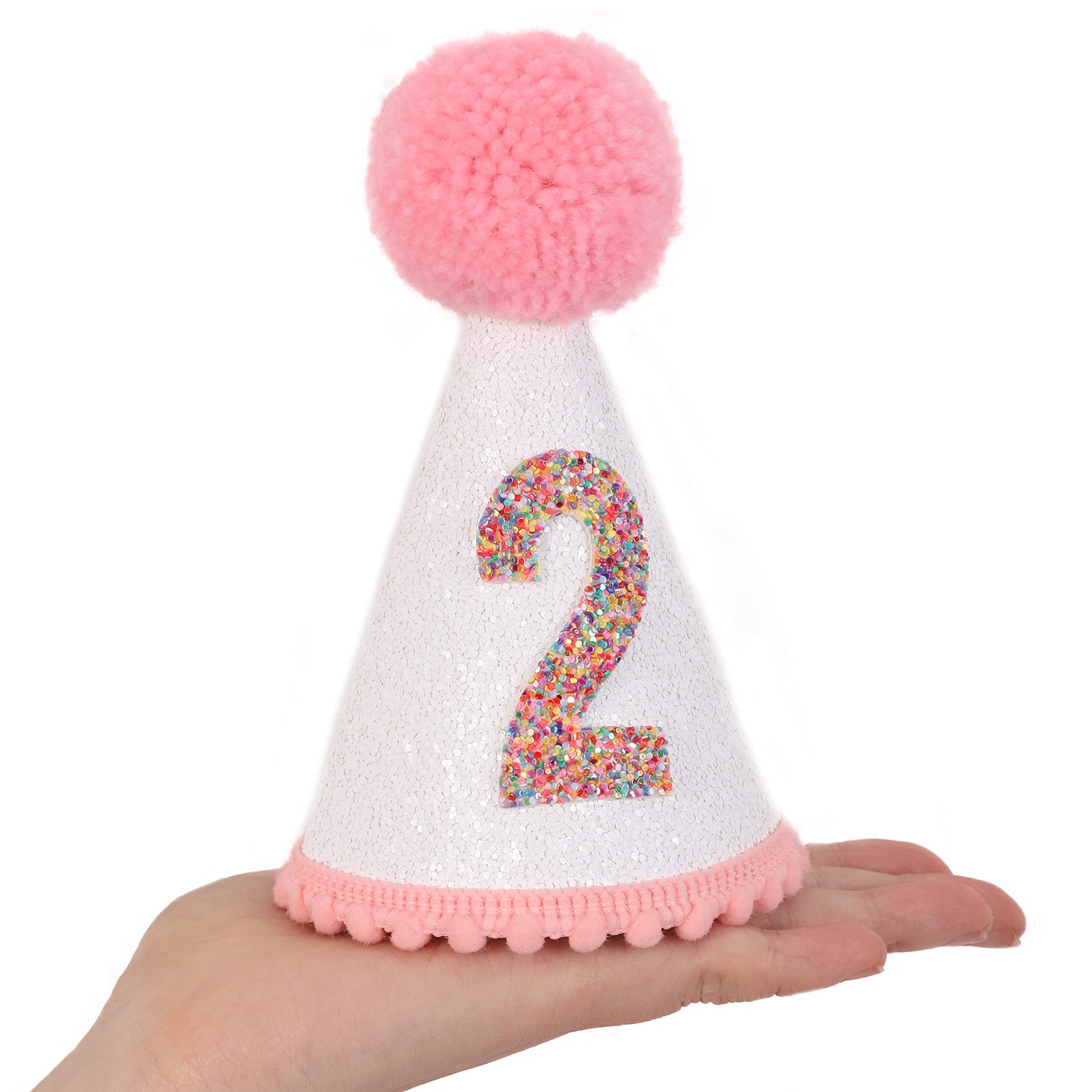 Sparkly Pink Glitter Birthday Hat for Girls with Pom Topper - Cute Party Accessories for Birthday Celebrations, Photo Booths & Princess Themed Events