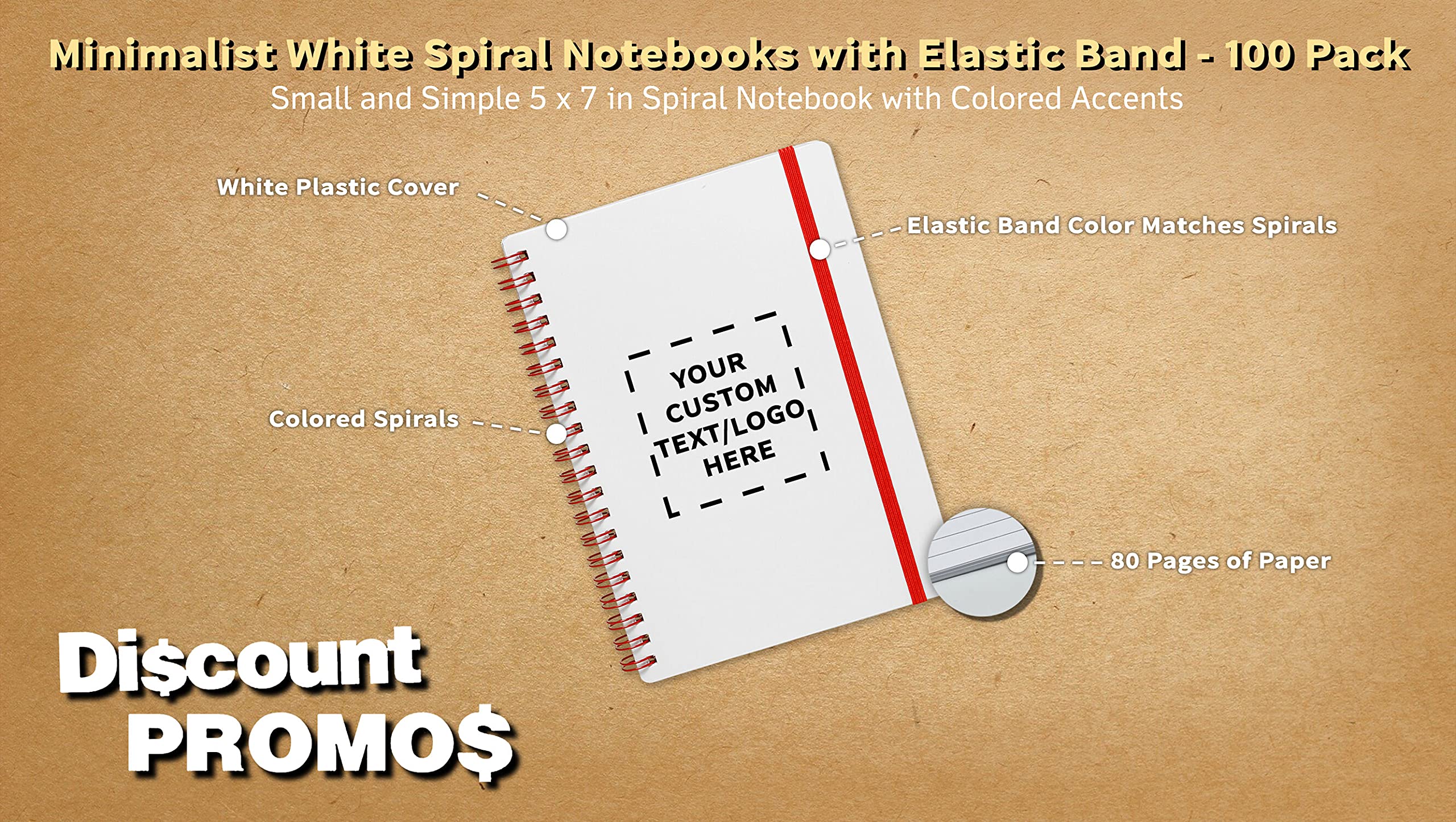 100-Pack White Spiral Notebooks with Elastic Band - Customizable Text & Logo - 80 Lined Pages, Eco-Friendly Recycled Paper - Perfect for Office, School & Gifts (Red)