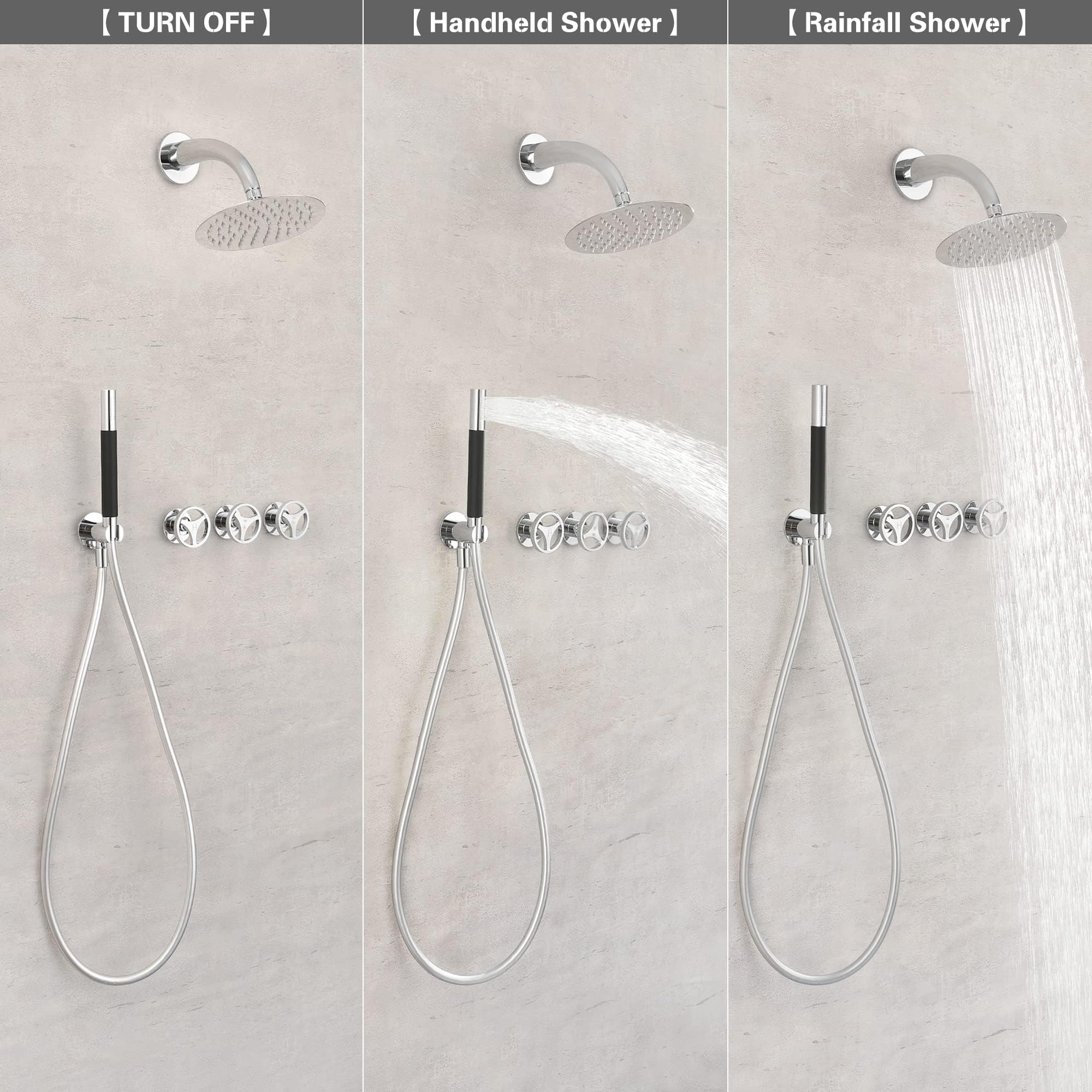 SKOWLL 8 Inch Industrial Shower Head System - Wall Mount Rain Shower Faucet Set with 3 Knobs & 2-Function Valve Kit, Polished Chrome - Perfect for Modern Bathroom & Spa-Like Shower Experience