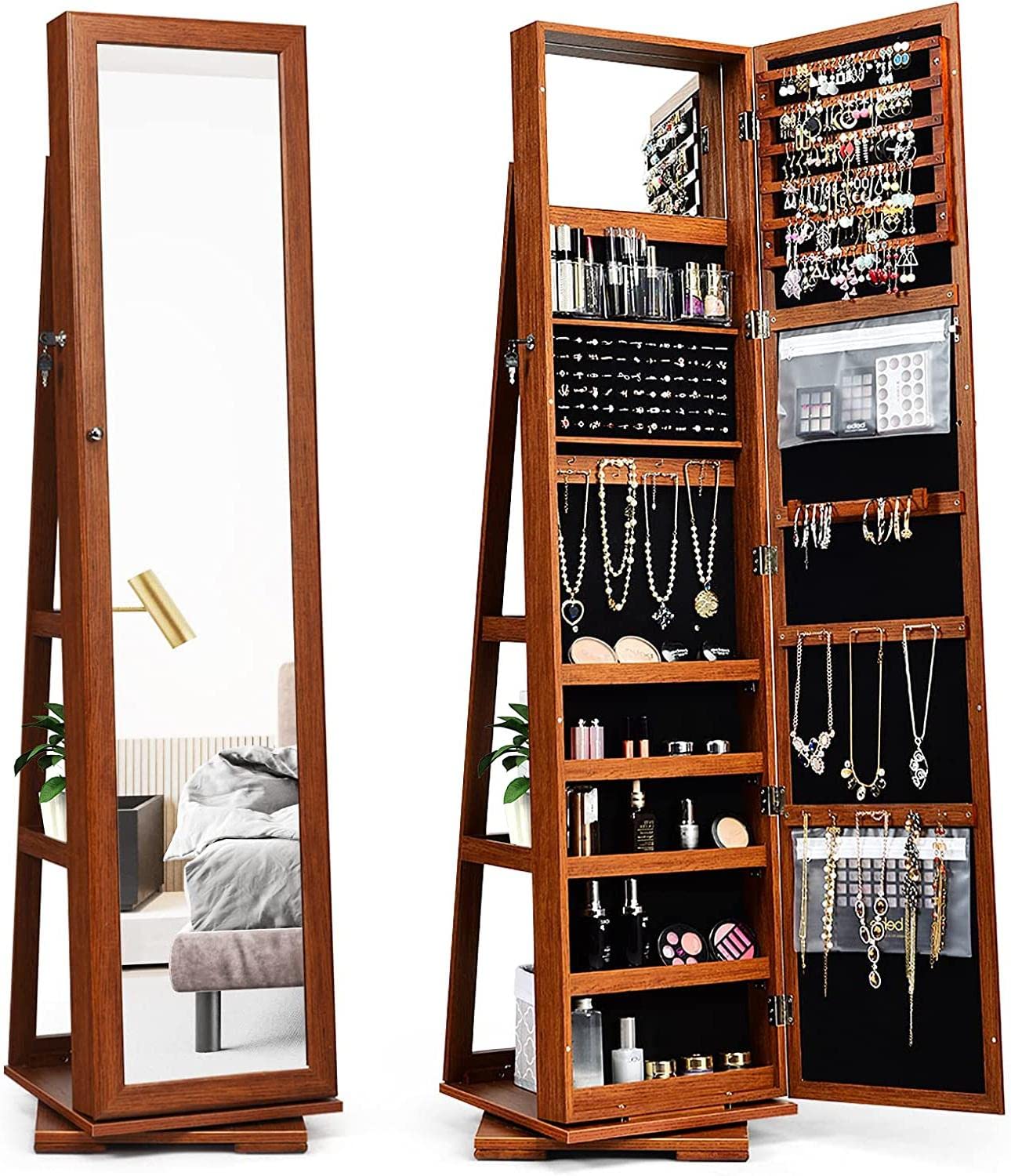 FANTASK 360° Rotating Jewelry Cabinet with Full-Length Mirror - Lockable Standing Jewelry Organizer with Inside Mirror & Rear Storage Shelves - Large Capacity Jewelry Armoire for Bedroom, Closet & Dressing Room Organization