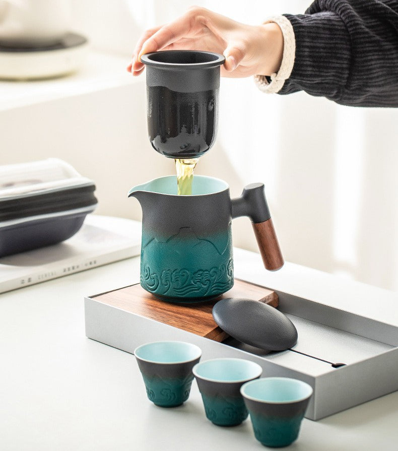 Premium Sea Wave Travel Tea Set with Wooden Handle - Portable Tea Infuser for Camping, Office & Outdoor Adventures